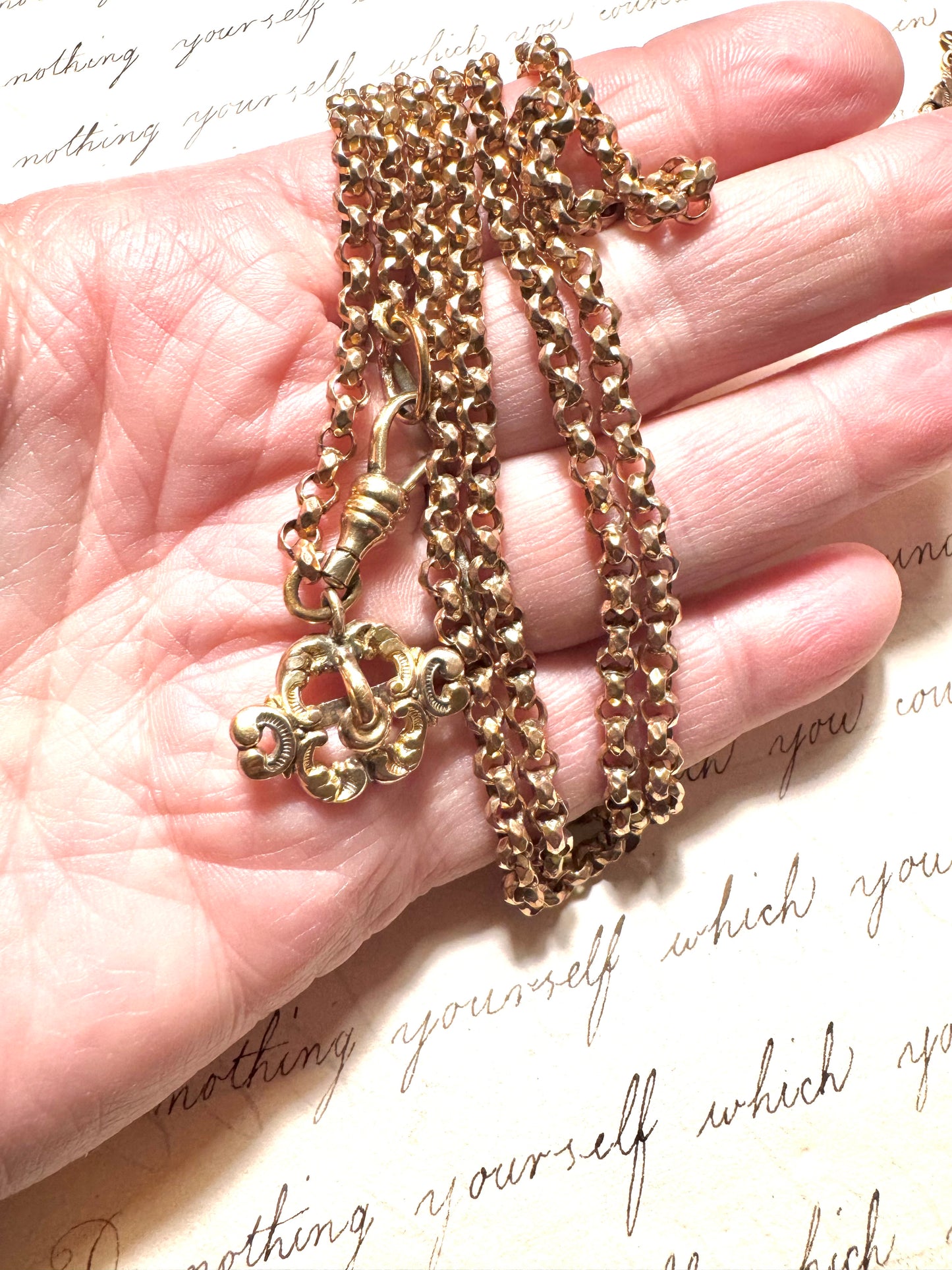 Heavy Antique Rolled Gold Long Guard Chain with Miniature Buckle