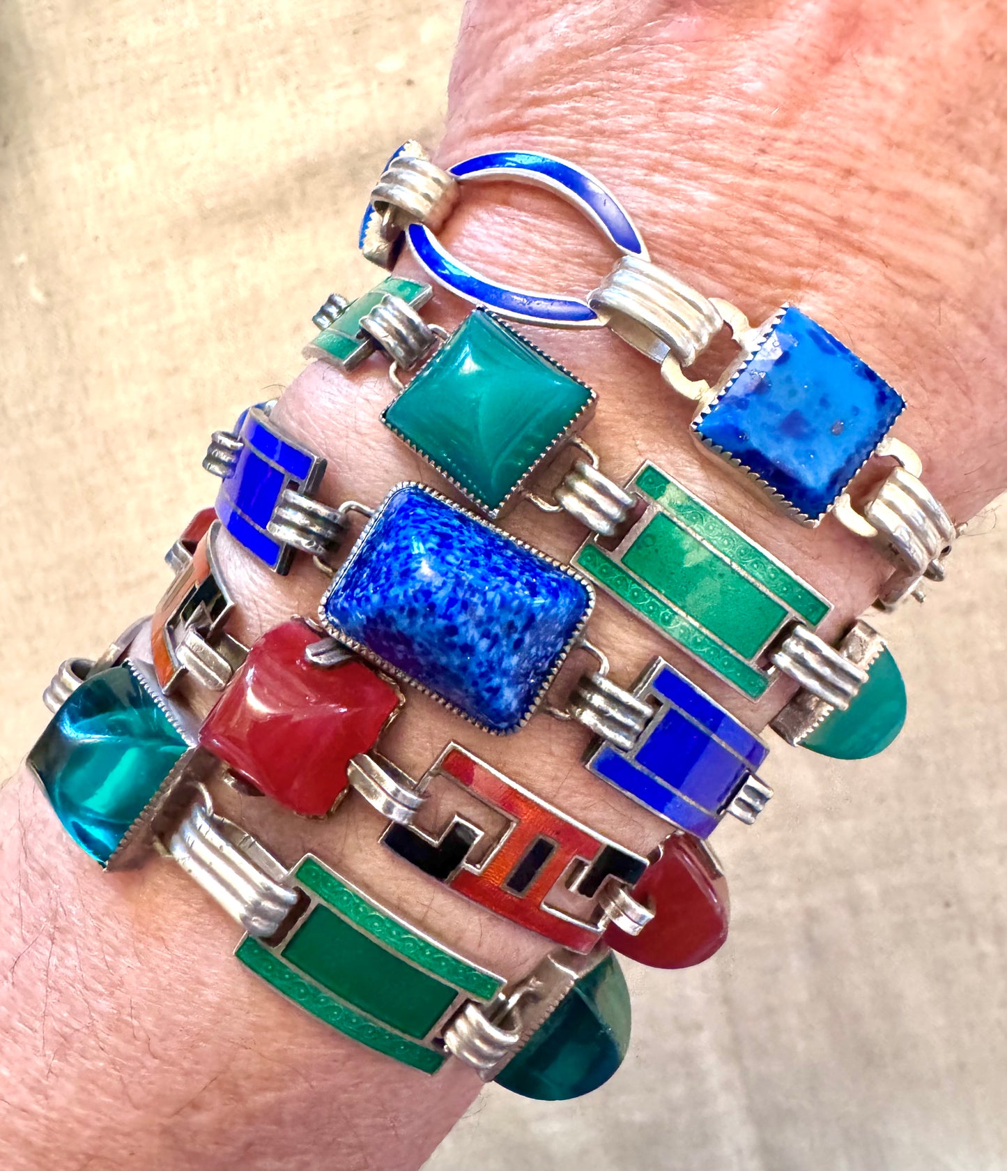 Sterling Deco Opaque Green Glass and Enamel Bracelet