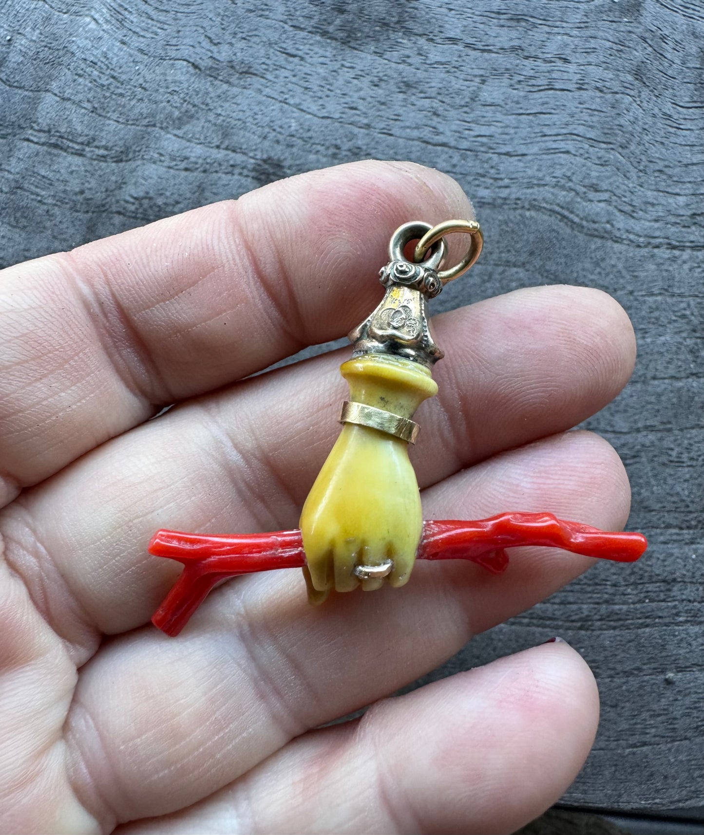Antique Bone Hand with Coral and Cuff Bracelet