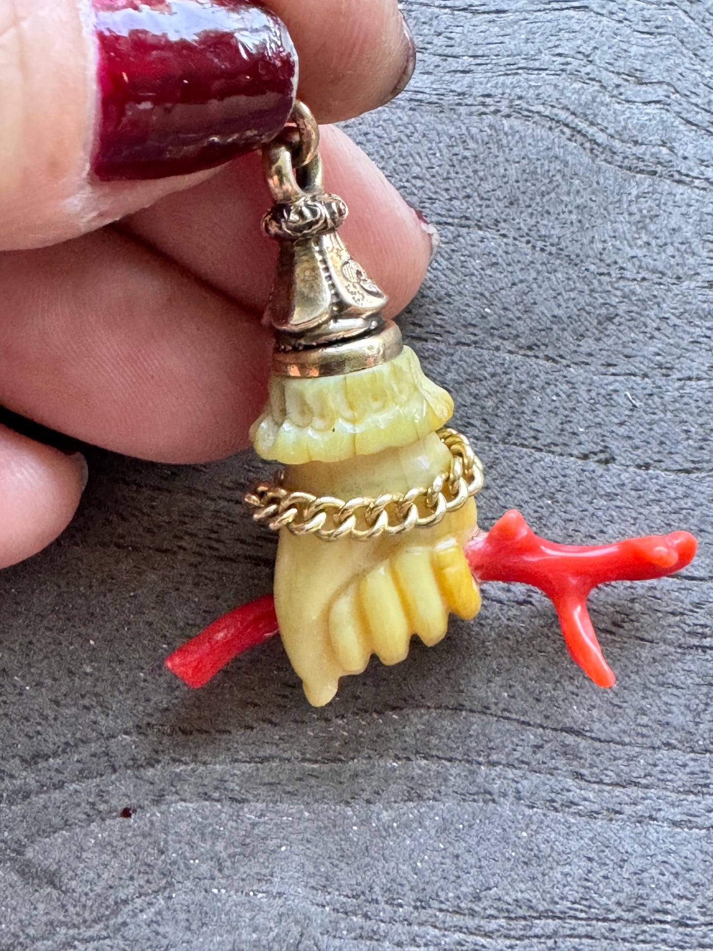 Antique Bone Hand with Coral and Curb Link Bracelet