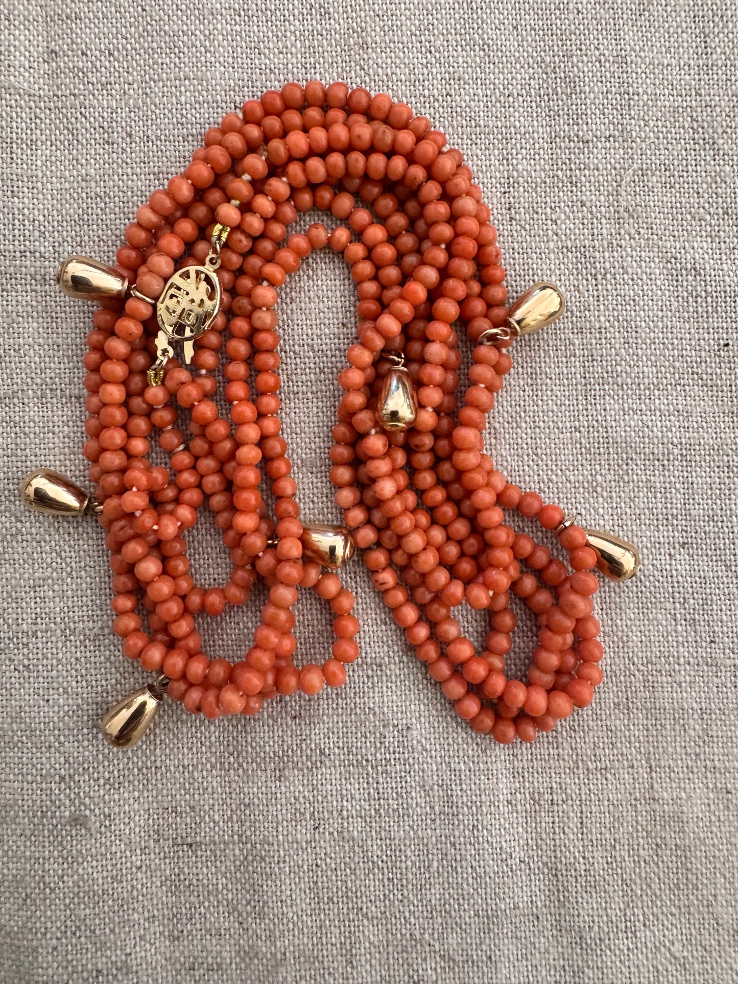 120” Long Coral + 14k Gold Necklace