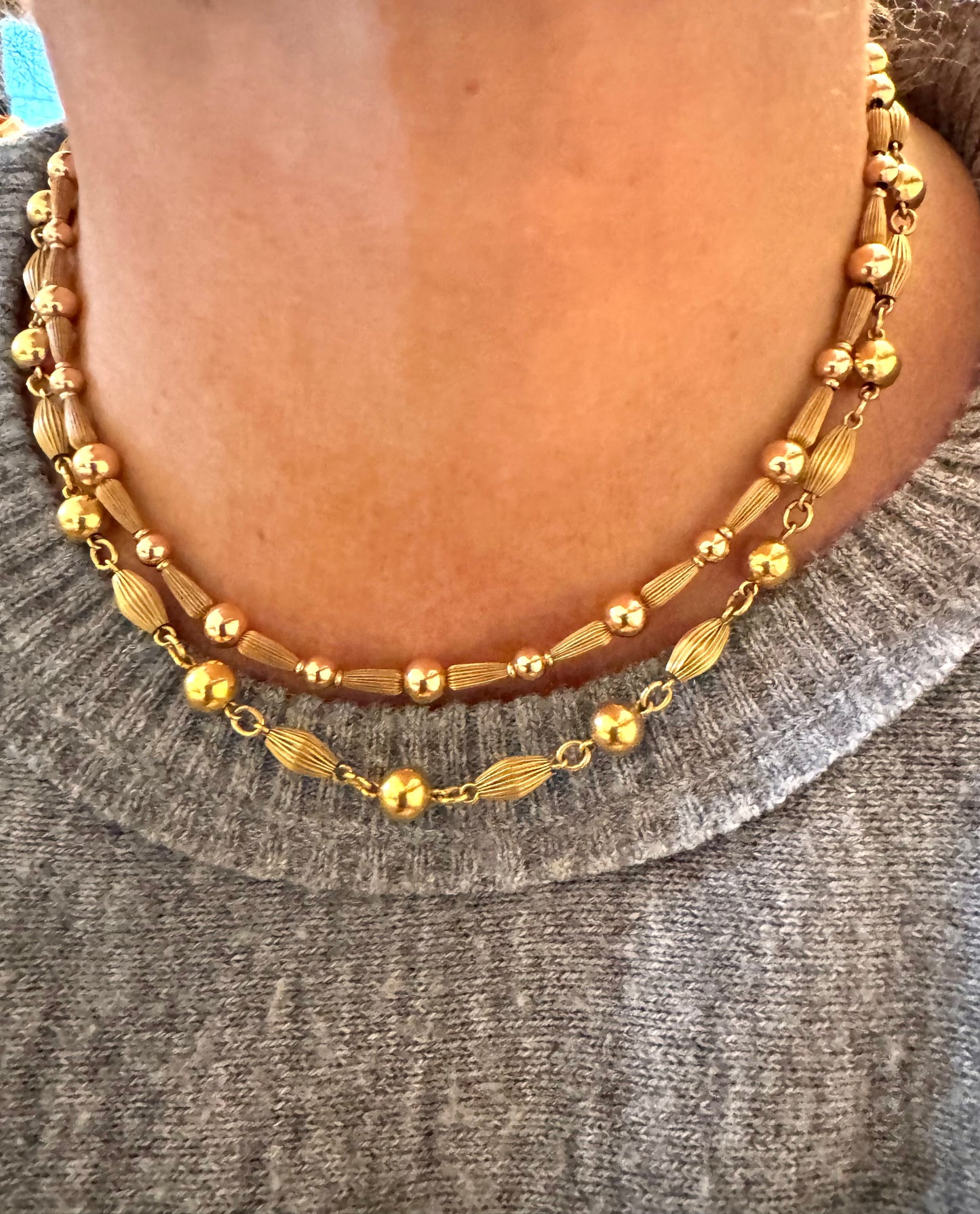 Vintage Gold Filled 2-Size Plain and Fluted Bead Necklace