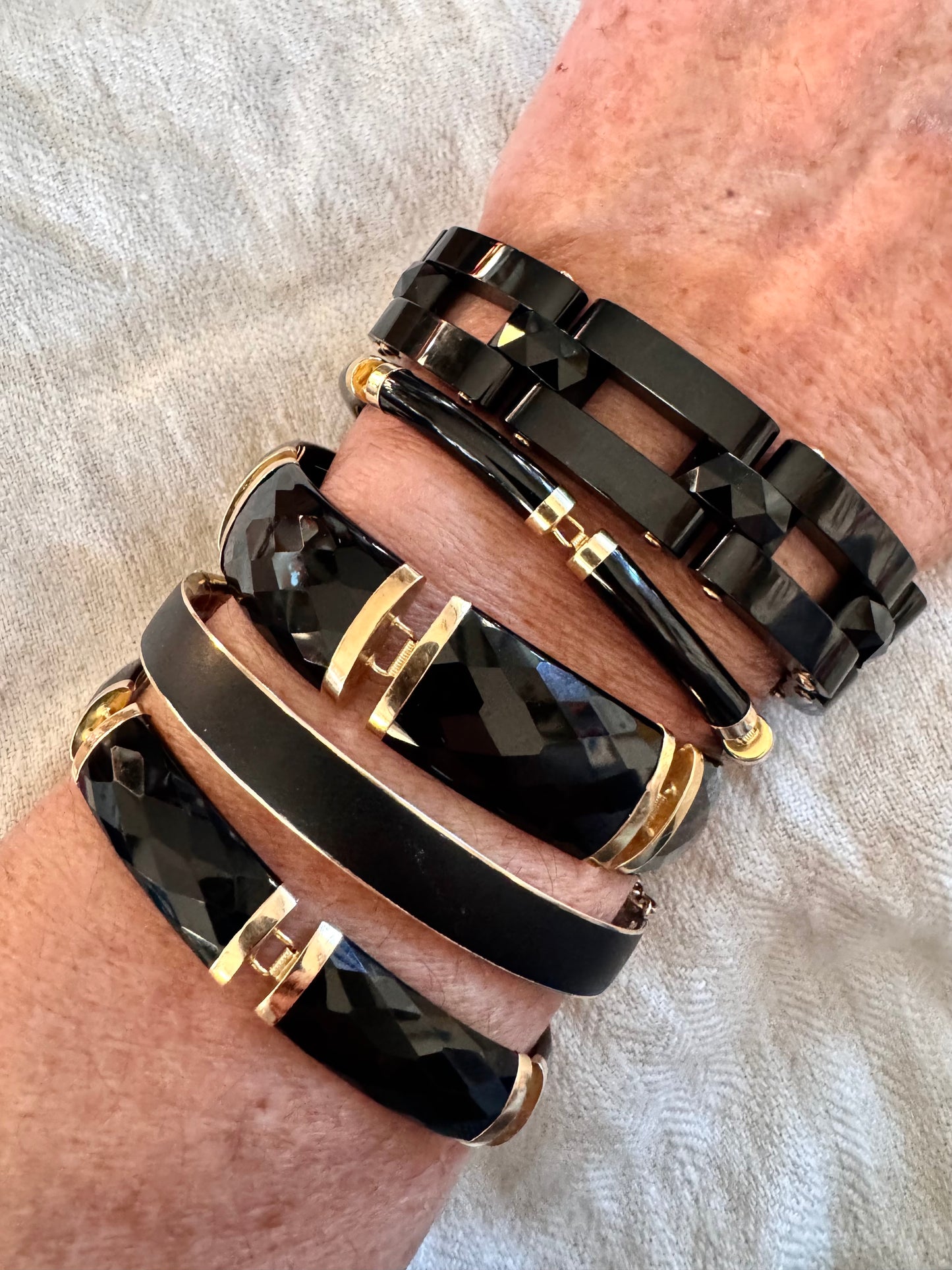 Elegant Wide Onyx and 14k Gold Faceted Bracelet
