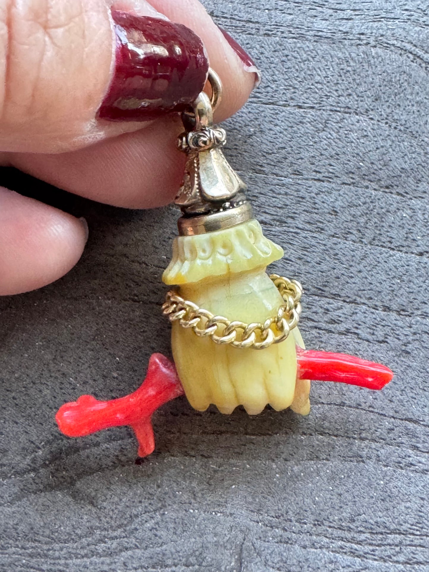 Antique Bone Hand with Coral and Curb Link Bracelet
