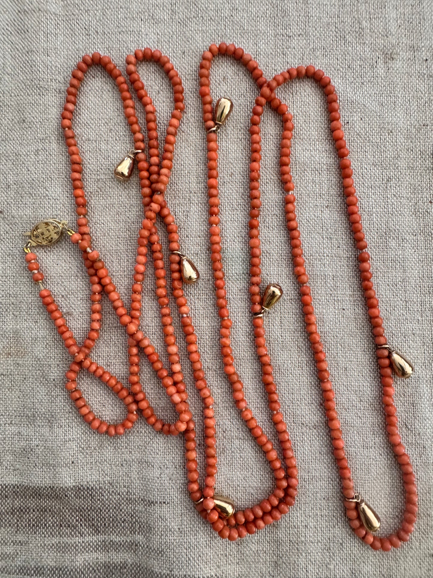 120” Long Coral + 14k Gold Necklace