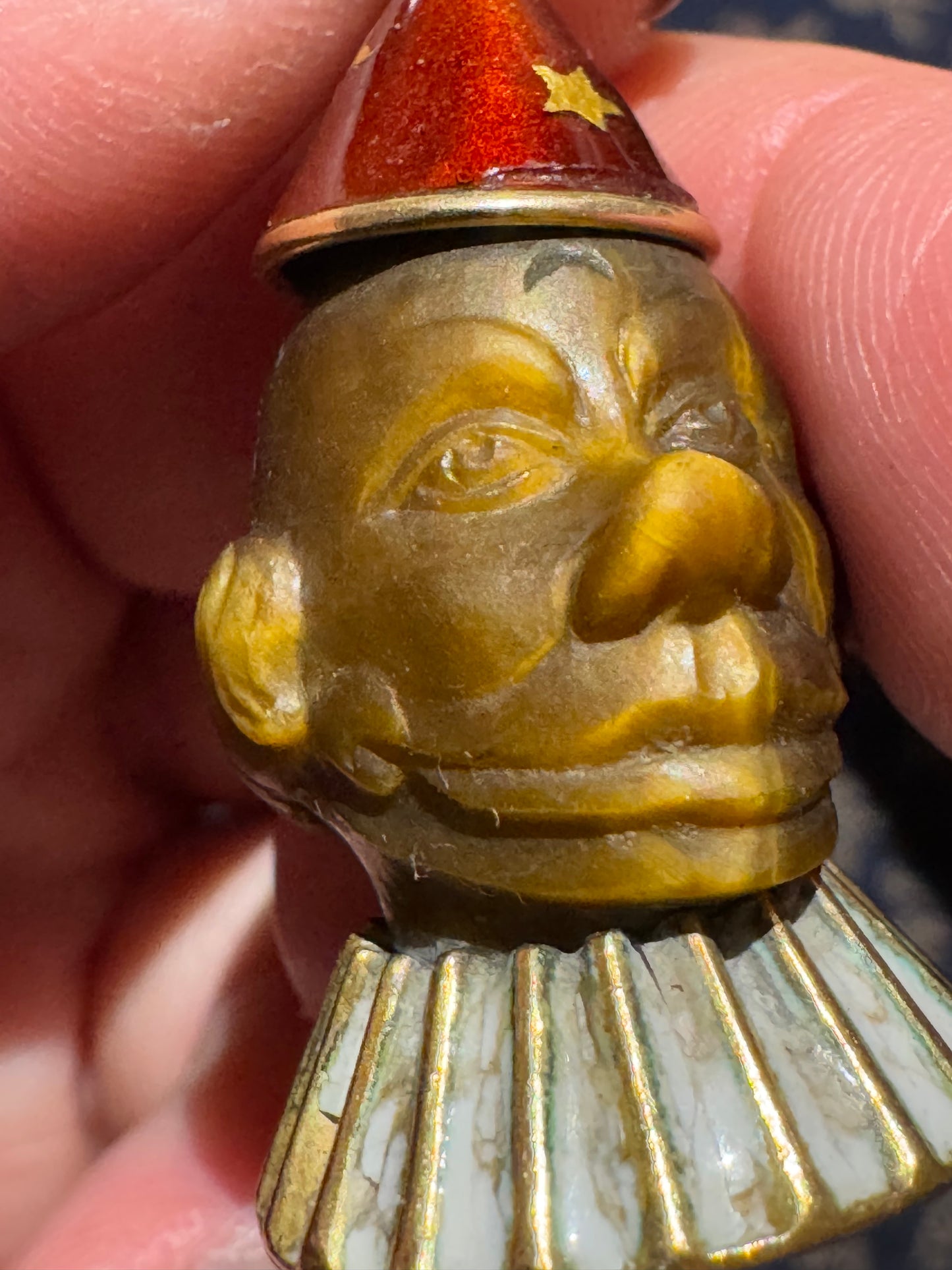 Carved Tiger Eye Clown with 18k Hat and Ruff