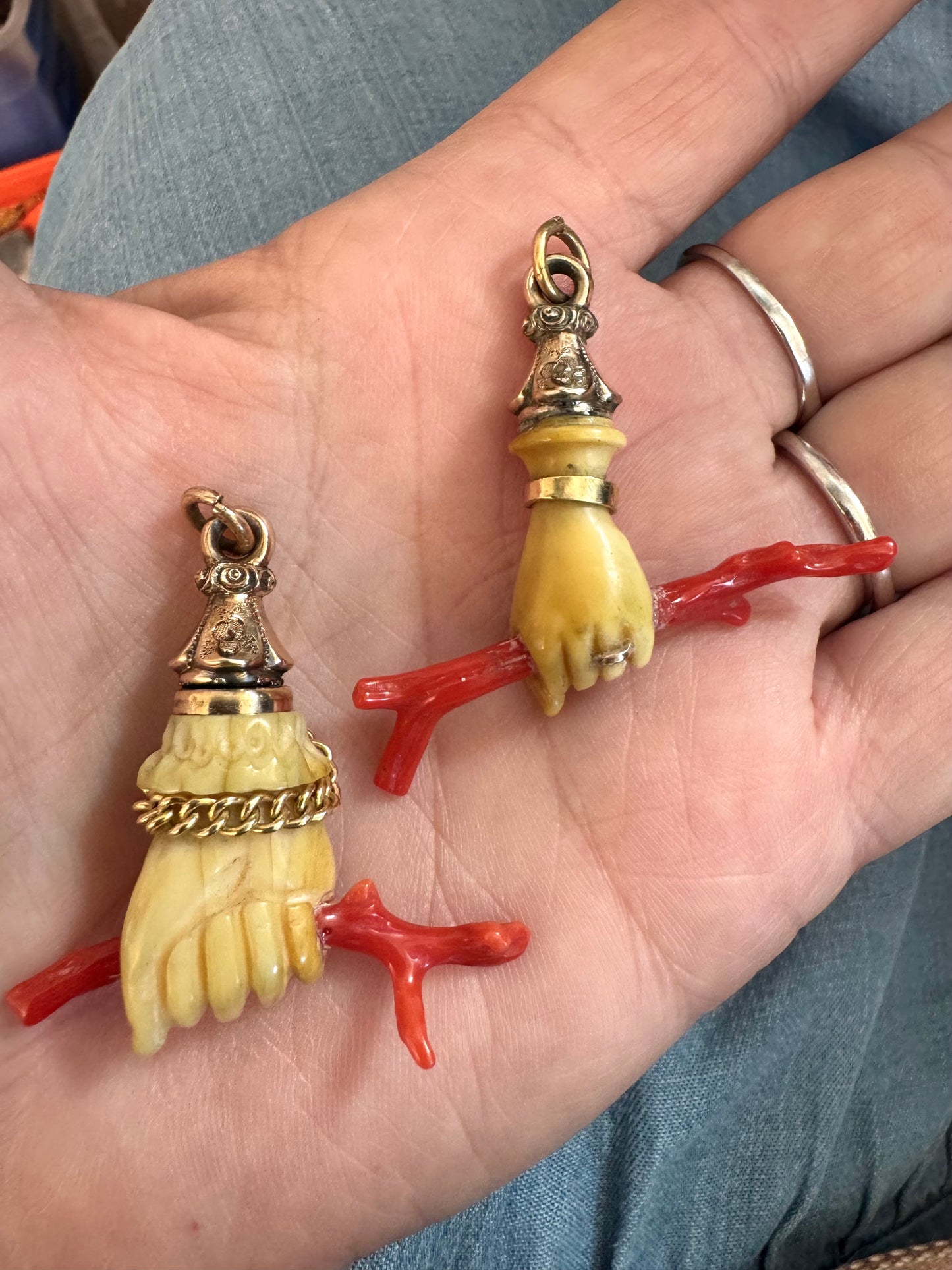 Antique Bone Hand with Coral and Cuff Bracelet