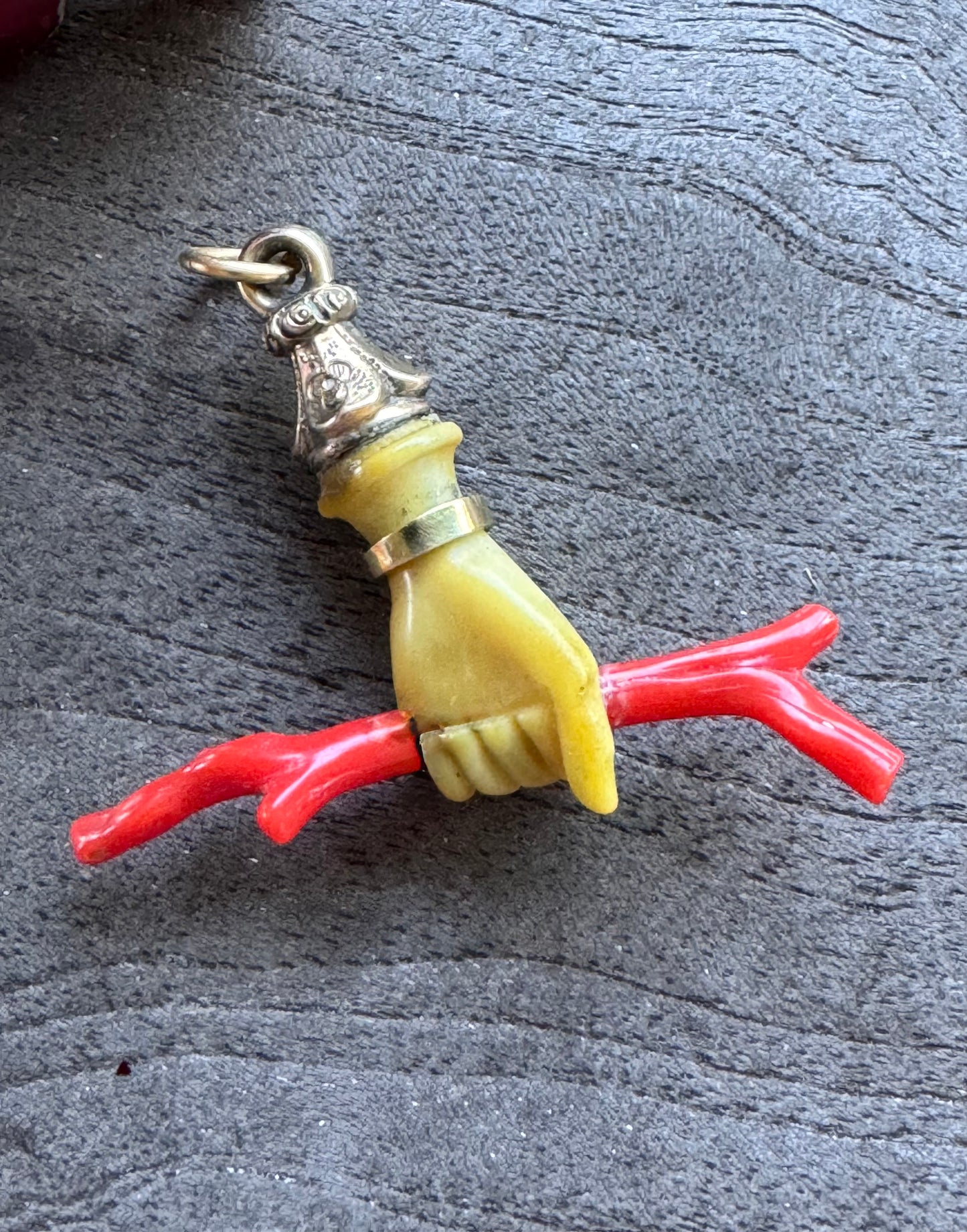 Antique Bone Hand with Coral and Cuff Bracelet