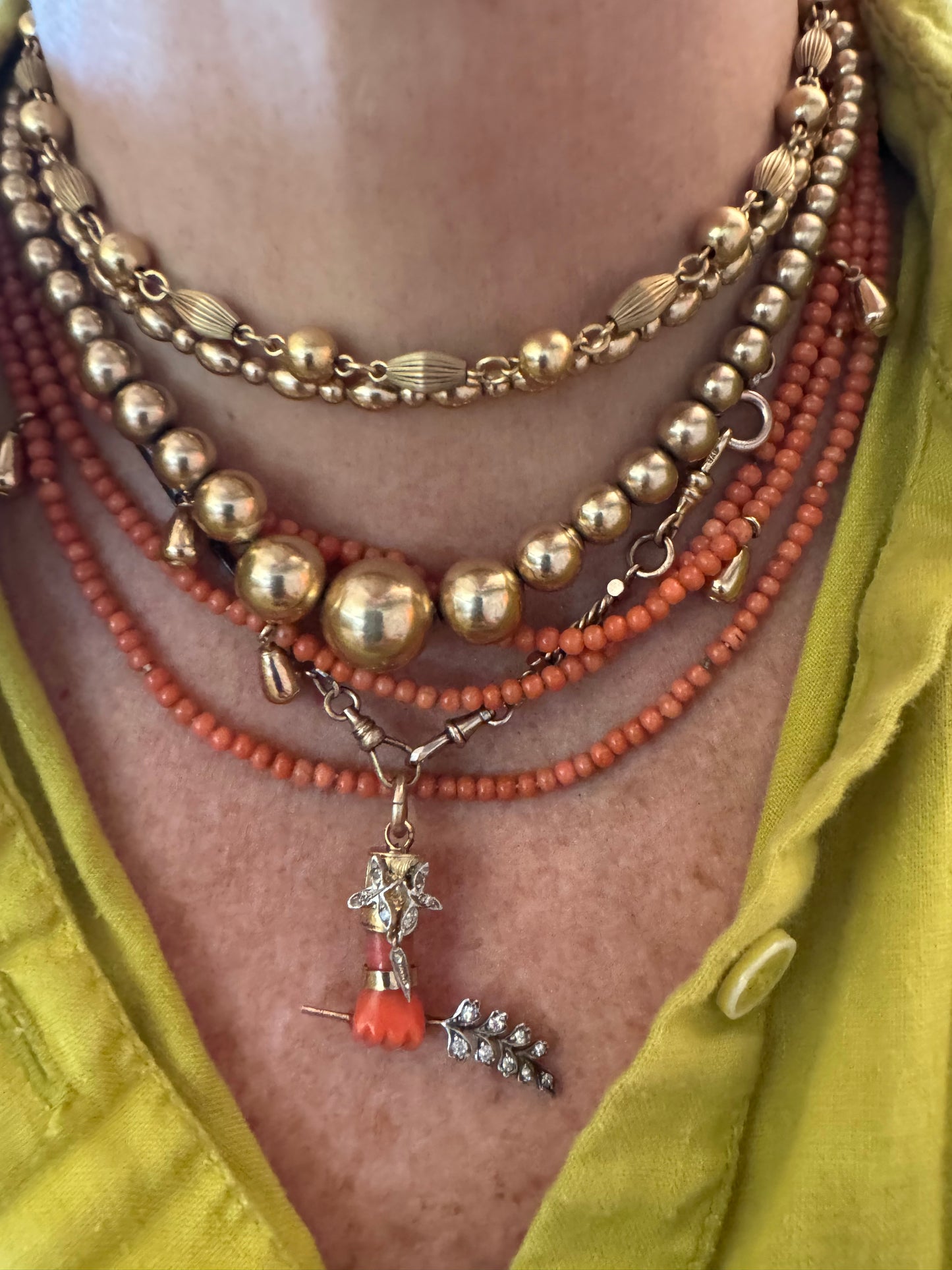 120” Long Coral + 14k Gold Necklace