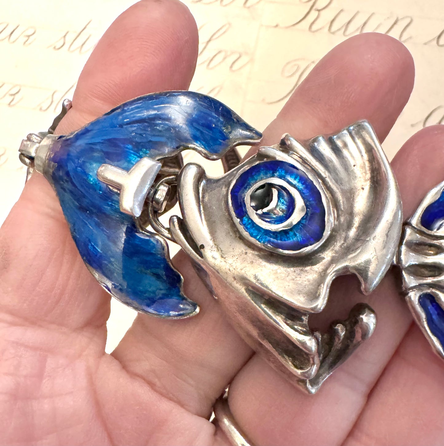 Spectacular Sterling and Enamel Fish Bone Bracelet