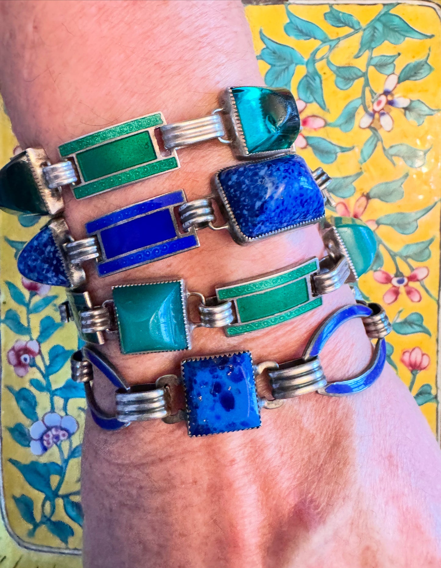 Sterling Deco Opaque Square Blue Glass and Enamel Bracelet