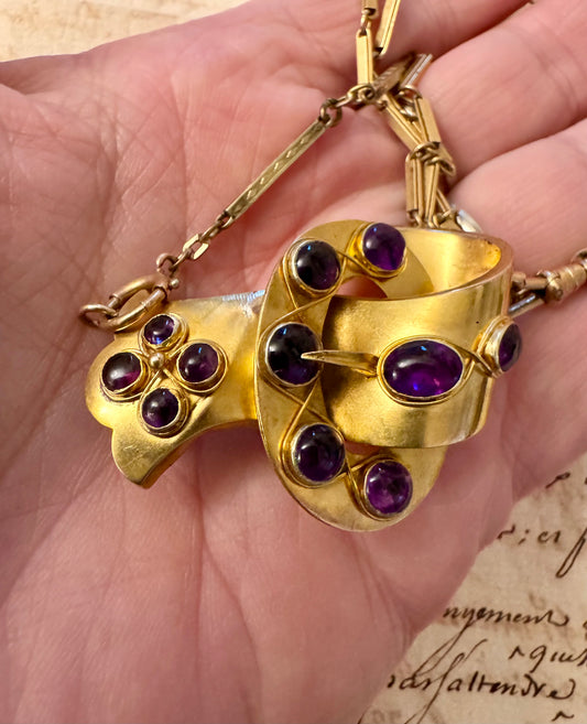 Gorgeous Victorian rolled gold buckle with amethyst cabochons