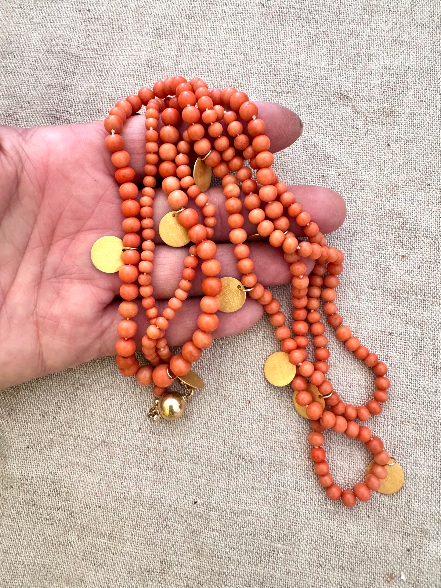 82” Long Coral + 14k Gold Necklace
