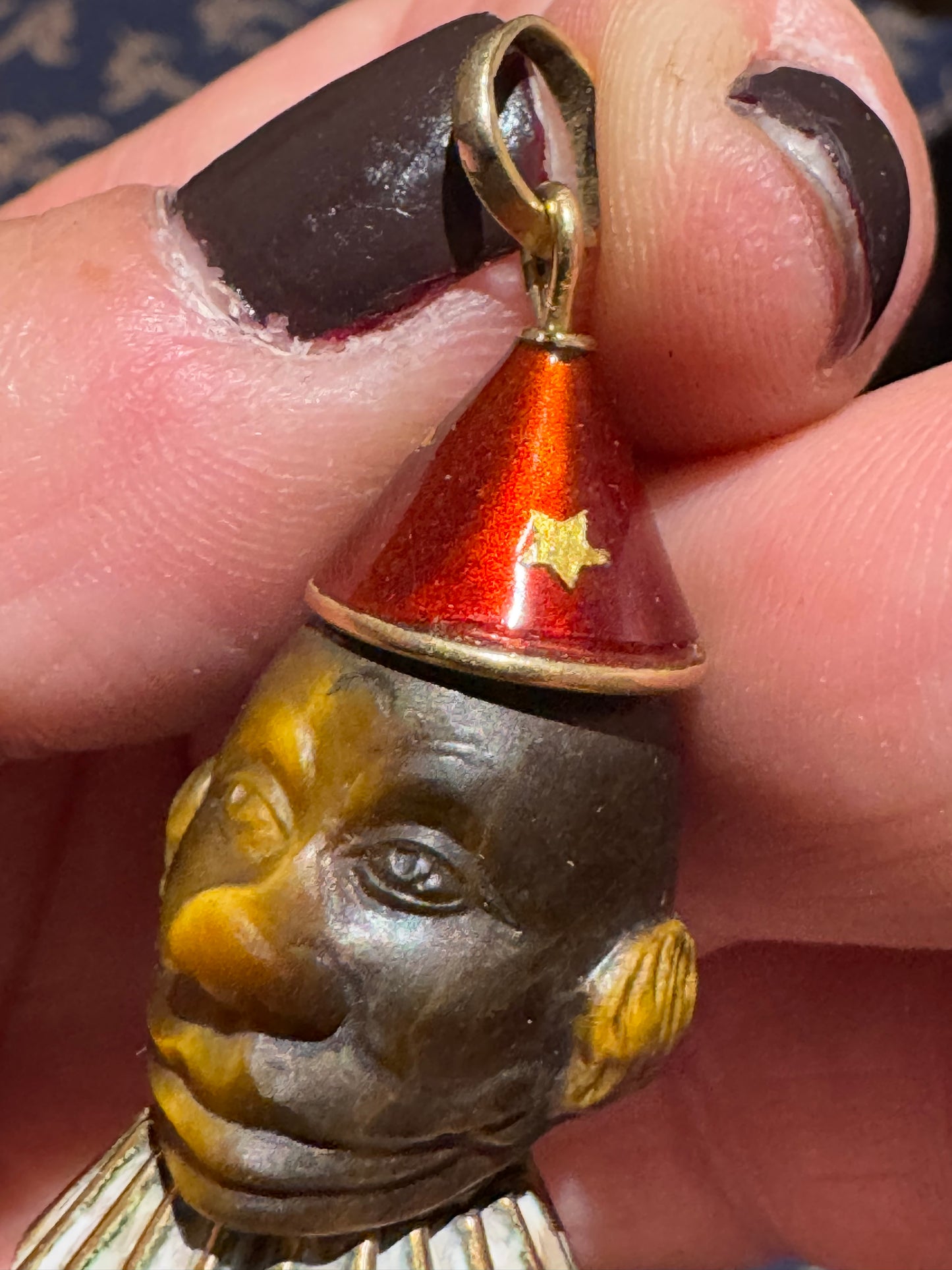 Carved Tiger Eye Clown with 18k Hat and Ruff