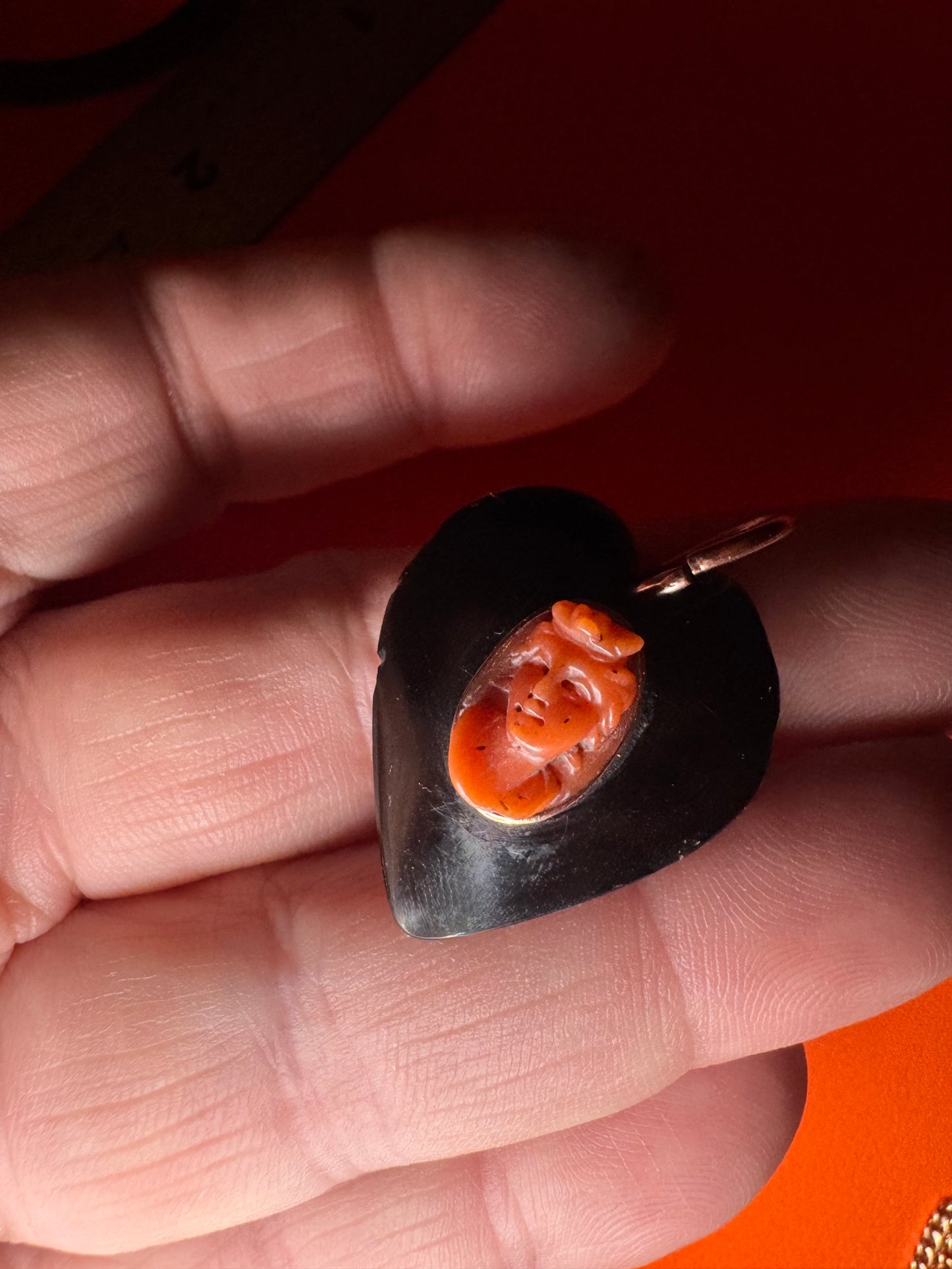 Antique Gutta Percha Heart with Coral Cameo