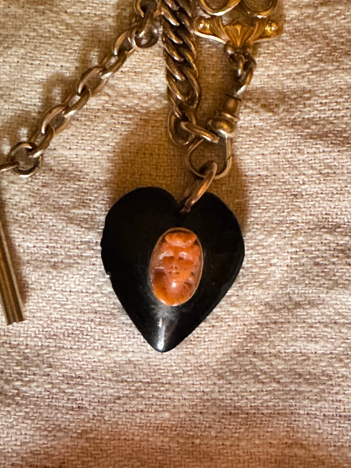 Antique Gutta Percha Heart with Coral Cameo