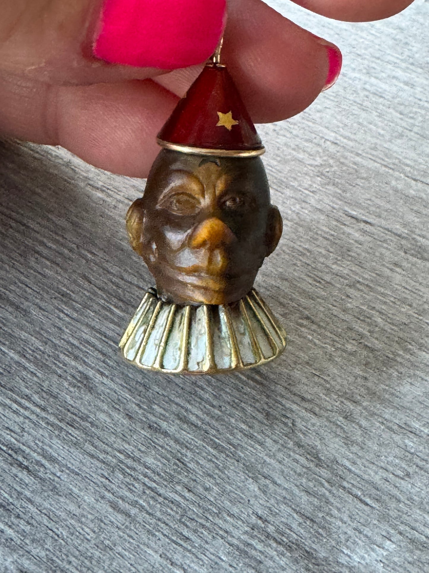 Carved Tiger Eye Clown with 18k Hat and Ruff