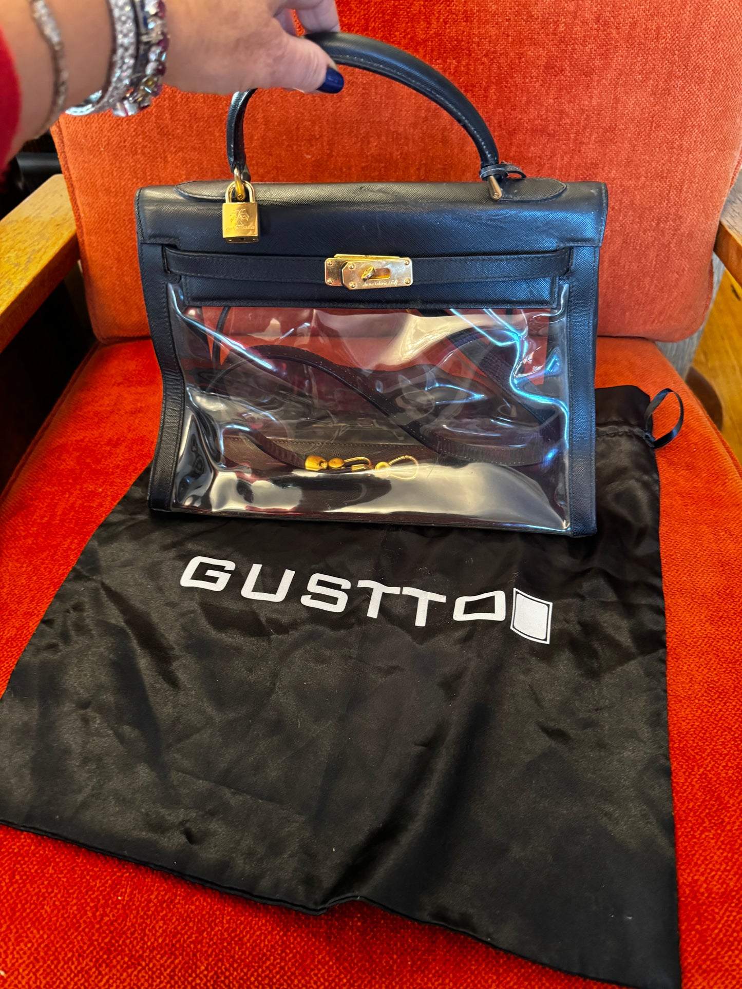 Black leather and clear PVC Kelly style bag