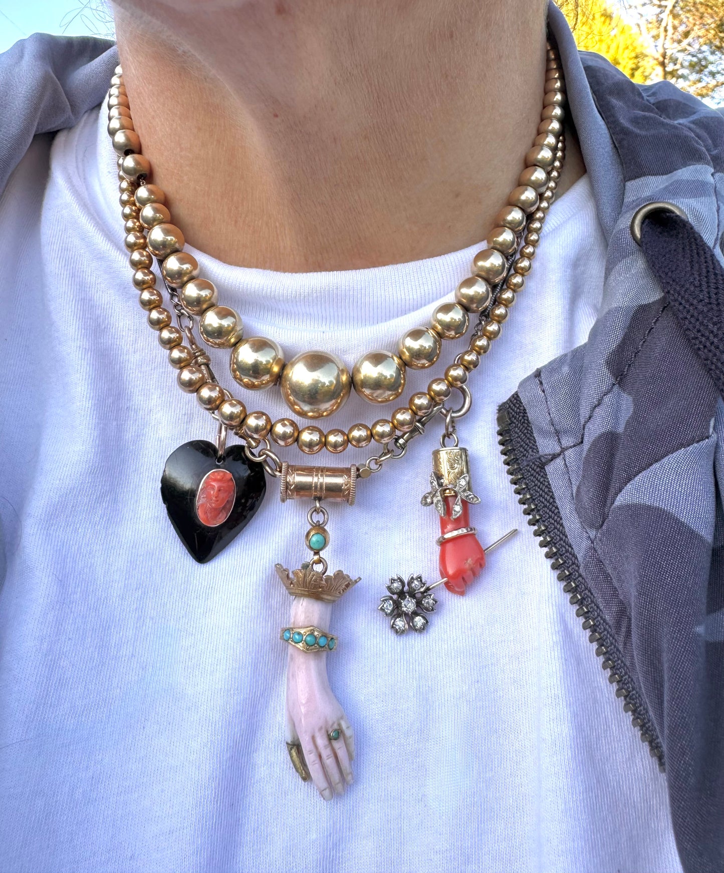 Antique Coral Hand with Diamond Flower