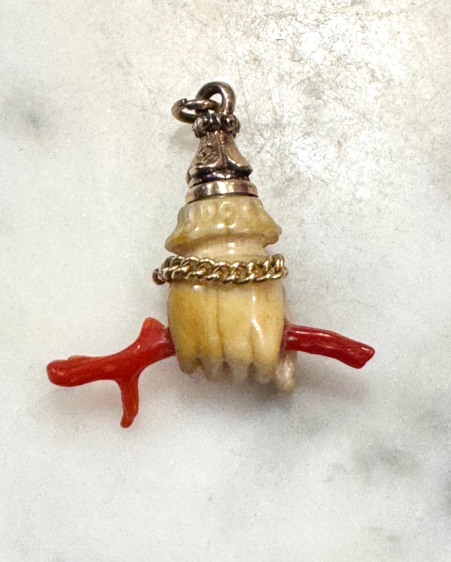 Antique Bone Hand with Coral and Curb Link Bracelet