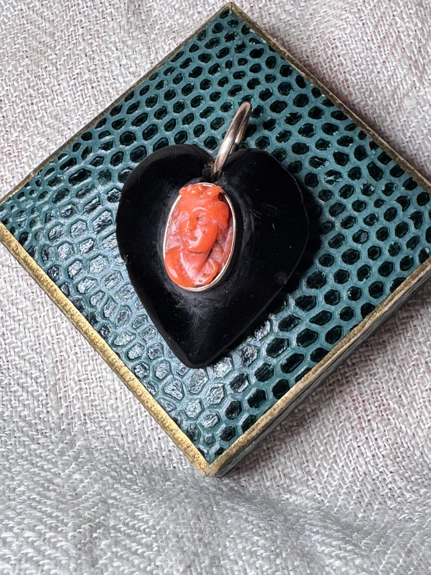 Antique Gutta Percha Heart with Coral Cameo