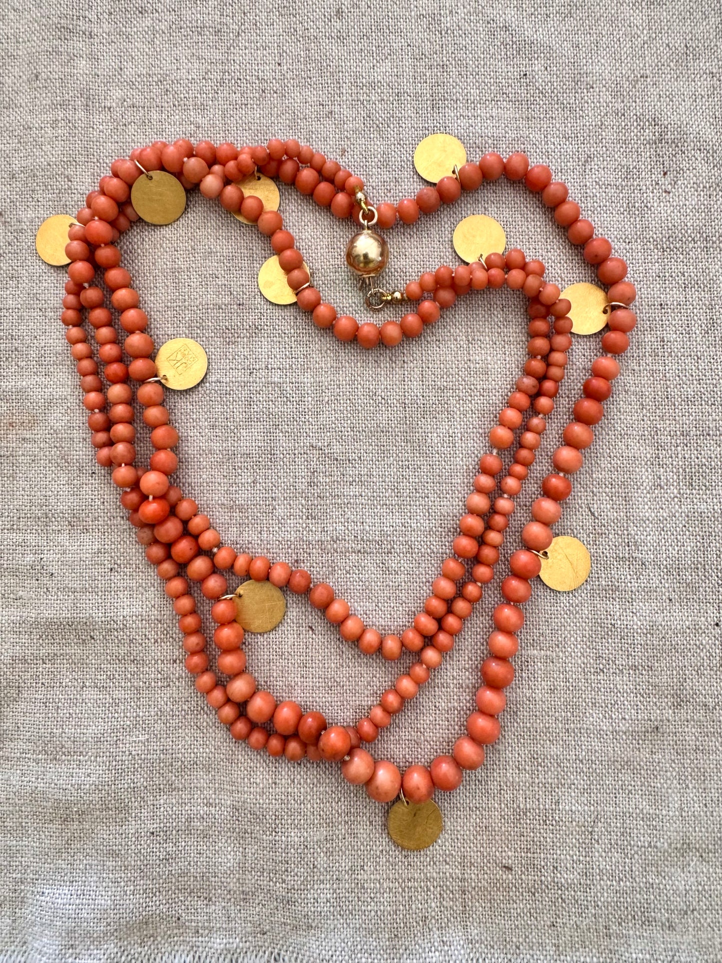 82” Long Coral + 14k Gold Necklace