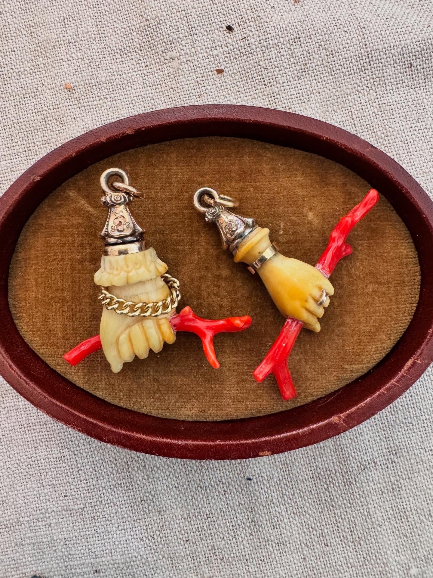 Antique Bone Hand with Coral and Cuff Bracelet