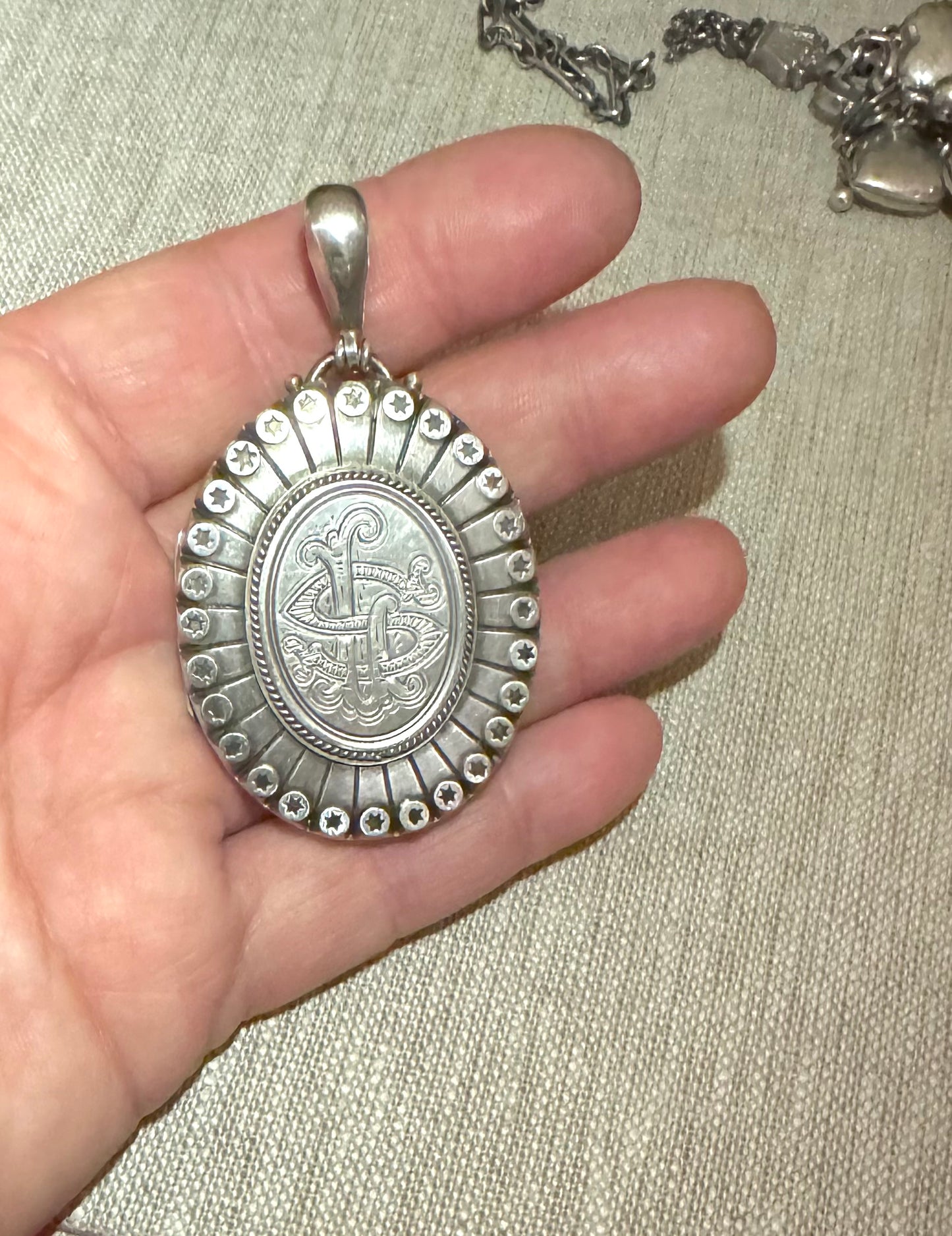 Magnificent Large Victorian Sterling Locket with Stars and LS Initials
