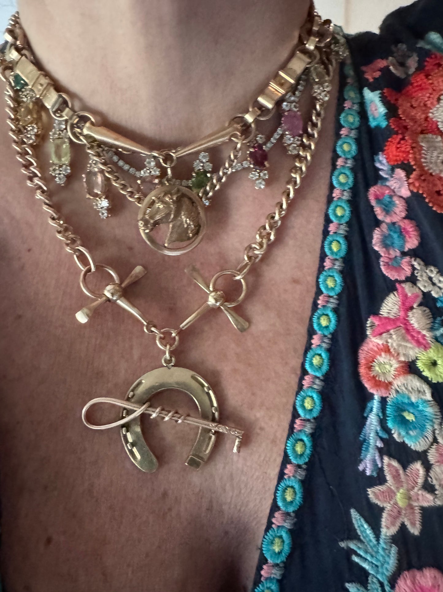 Gold Filled Equestrian Necklace with Horseshoe and Horsebit