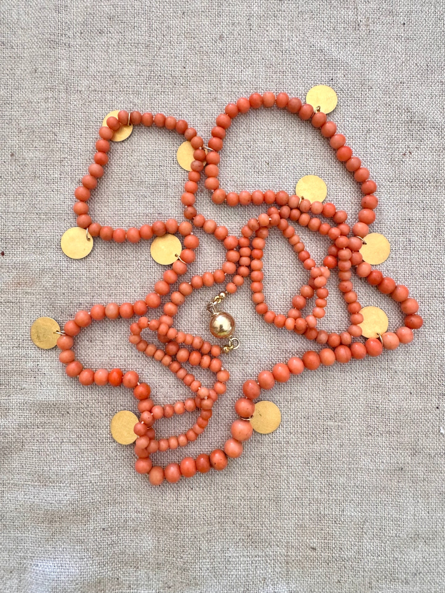 82” Long Coral + 14k Gold Necklace