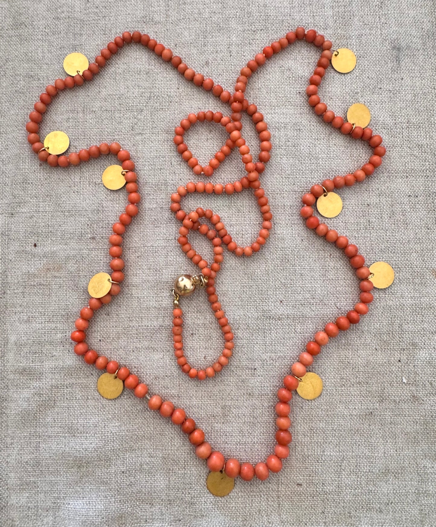 82” Long Coral + 14k Gold Necklace