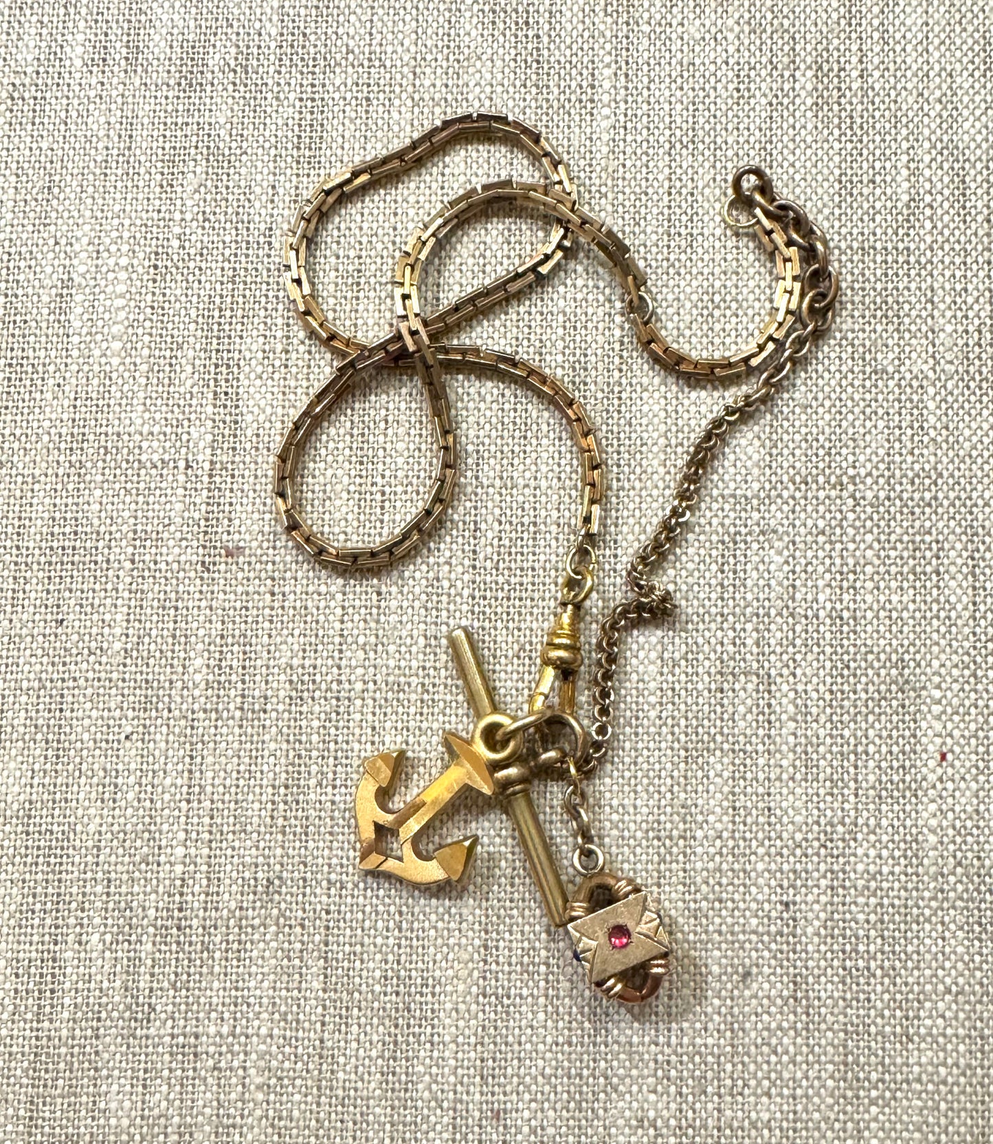 Antique Gold Filled Box Chain Watch Chain with Bauble