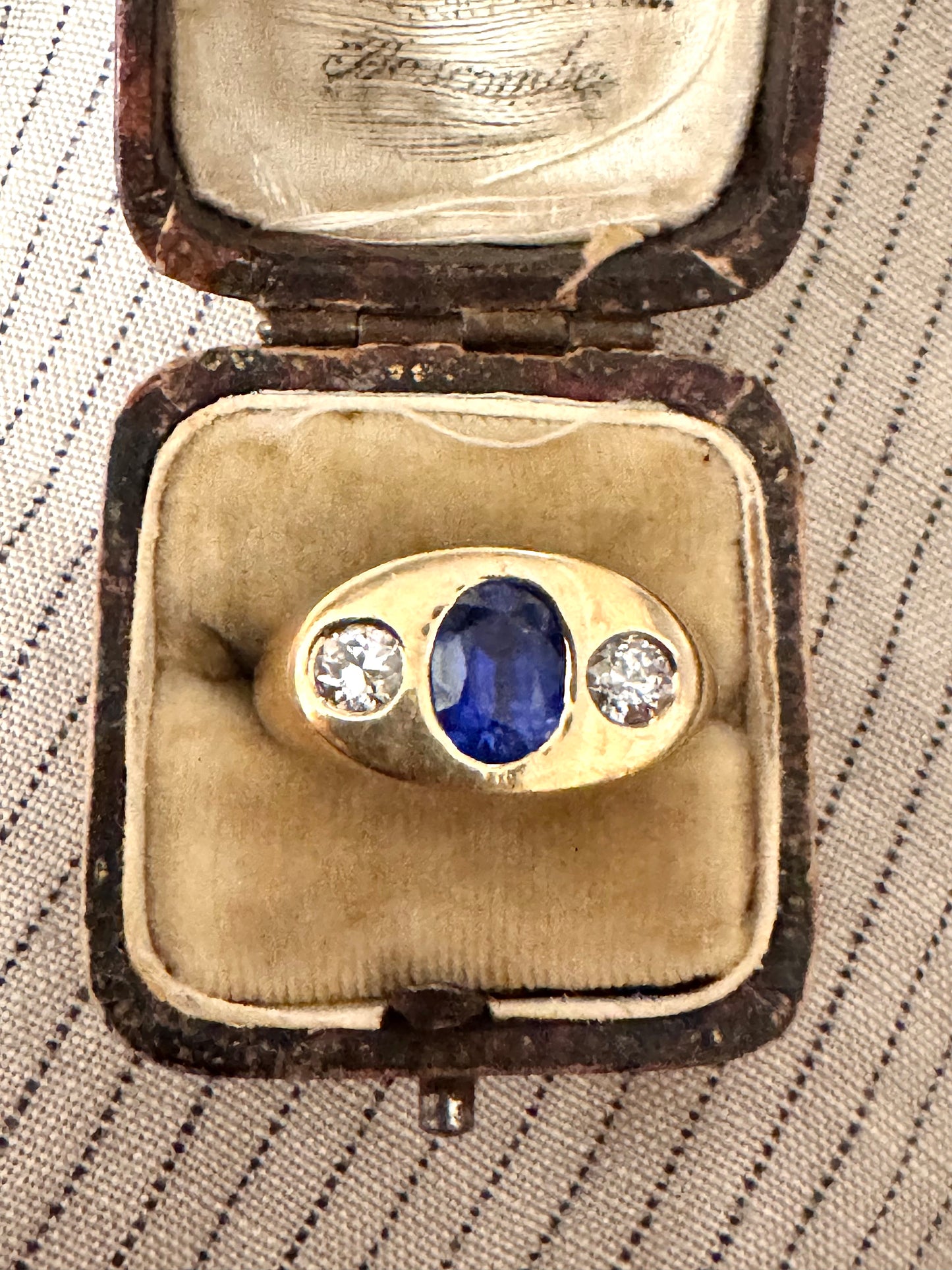 Vintage 18k Sapphire and Diamond Gypsy Ring with Flat Top