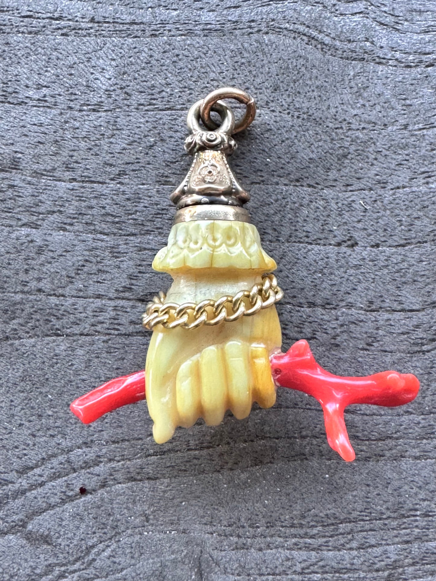 Antique Bone Hand with Coral and Curb Link Bracelet