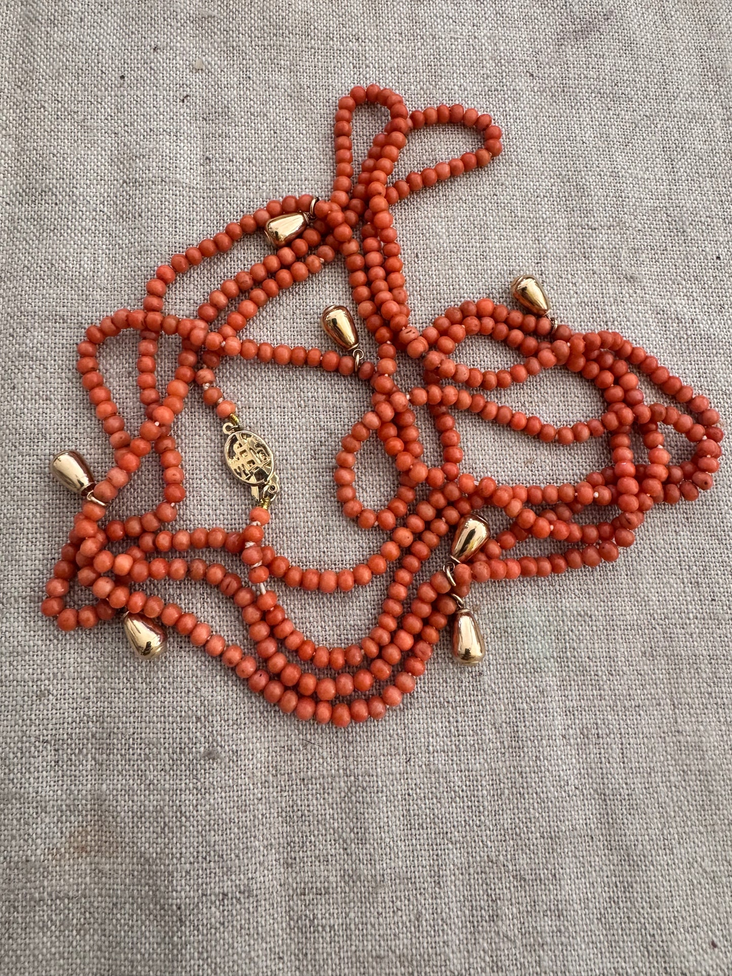 120” Long Coral + 14k Gold Necklace