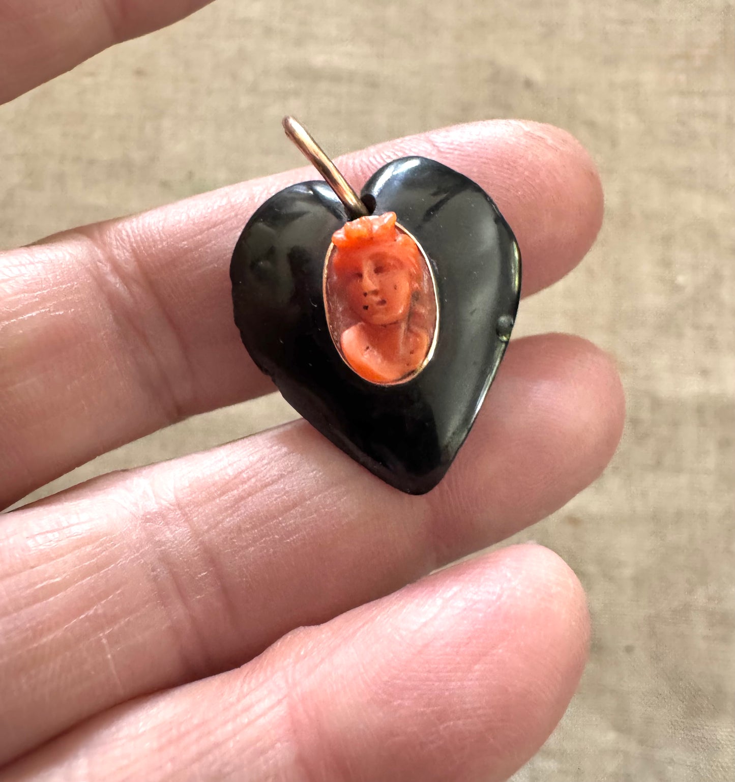 Antique Gutta Percha Heart with Coral Cameo