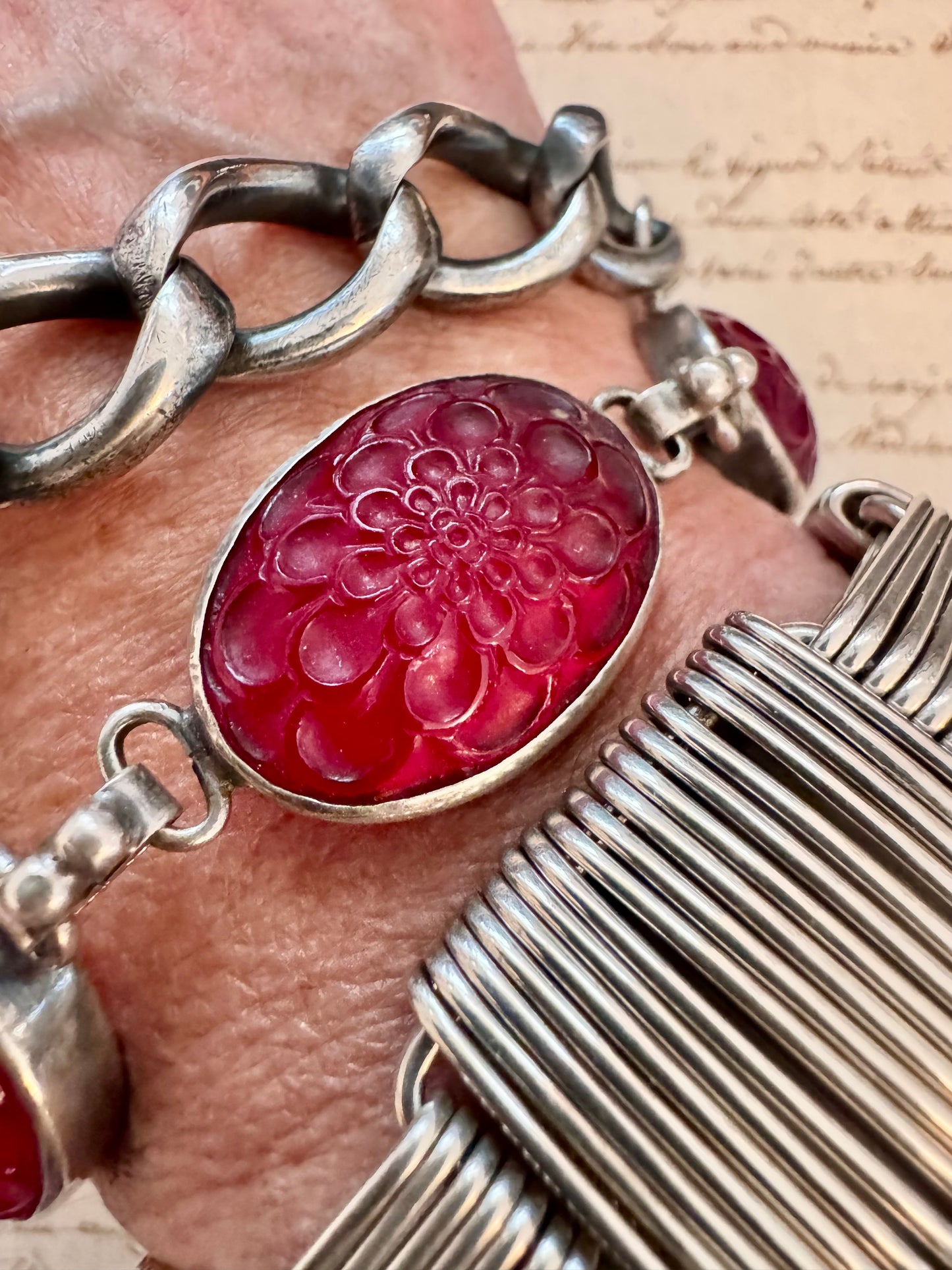 Beautiful Vintage silver bracelet with red poured glass floral cabochons