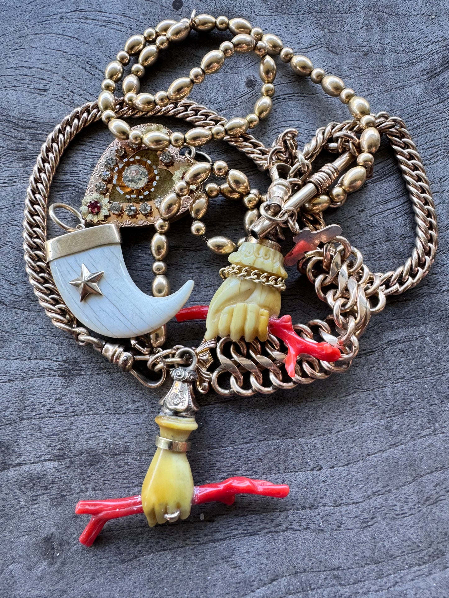 Antique Bone Hand with Coral and Curb Link Bracelet