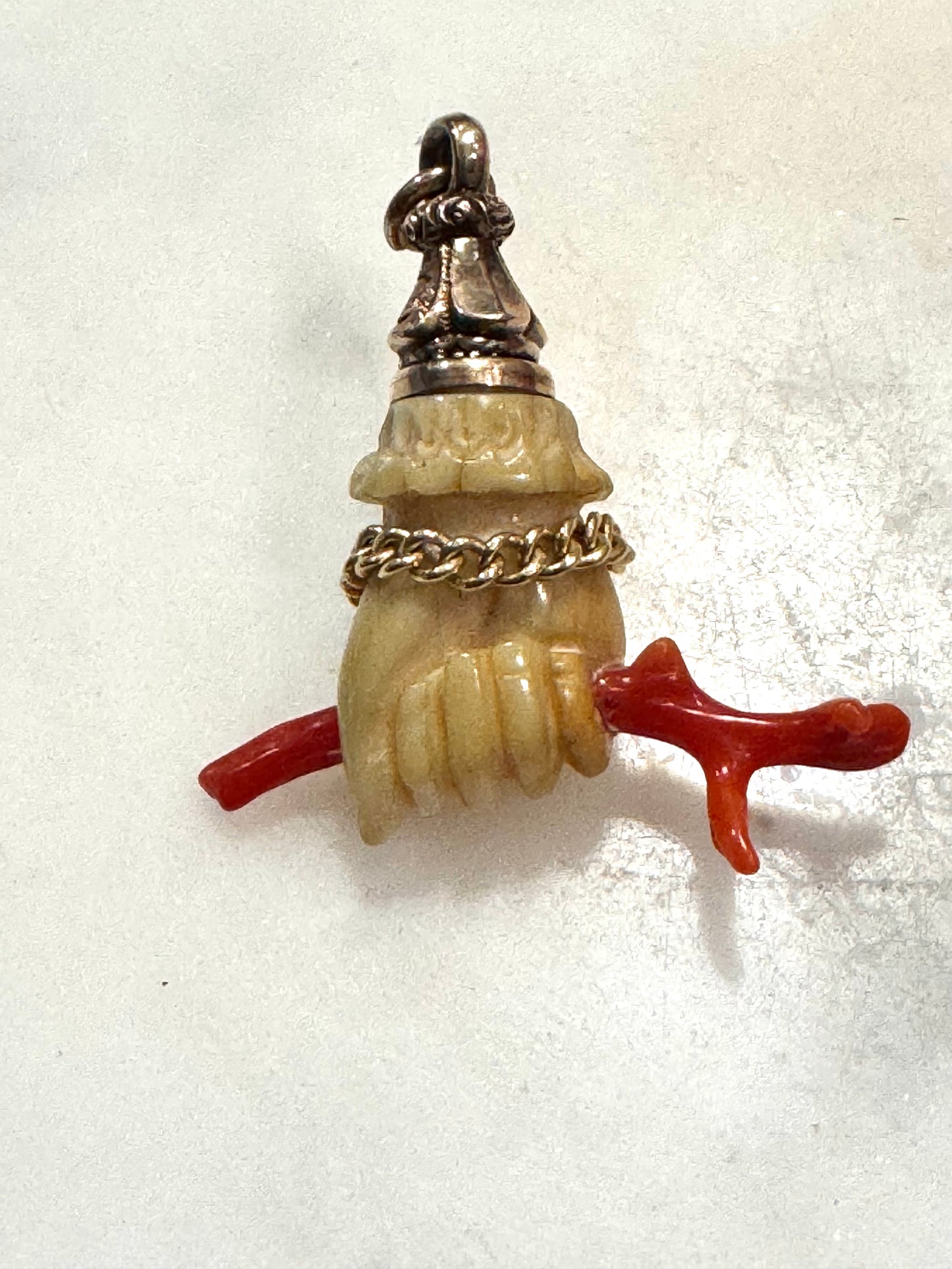 Antique Bone Hand with Coral and Curb Link Bracelet