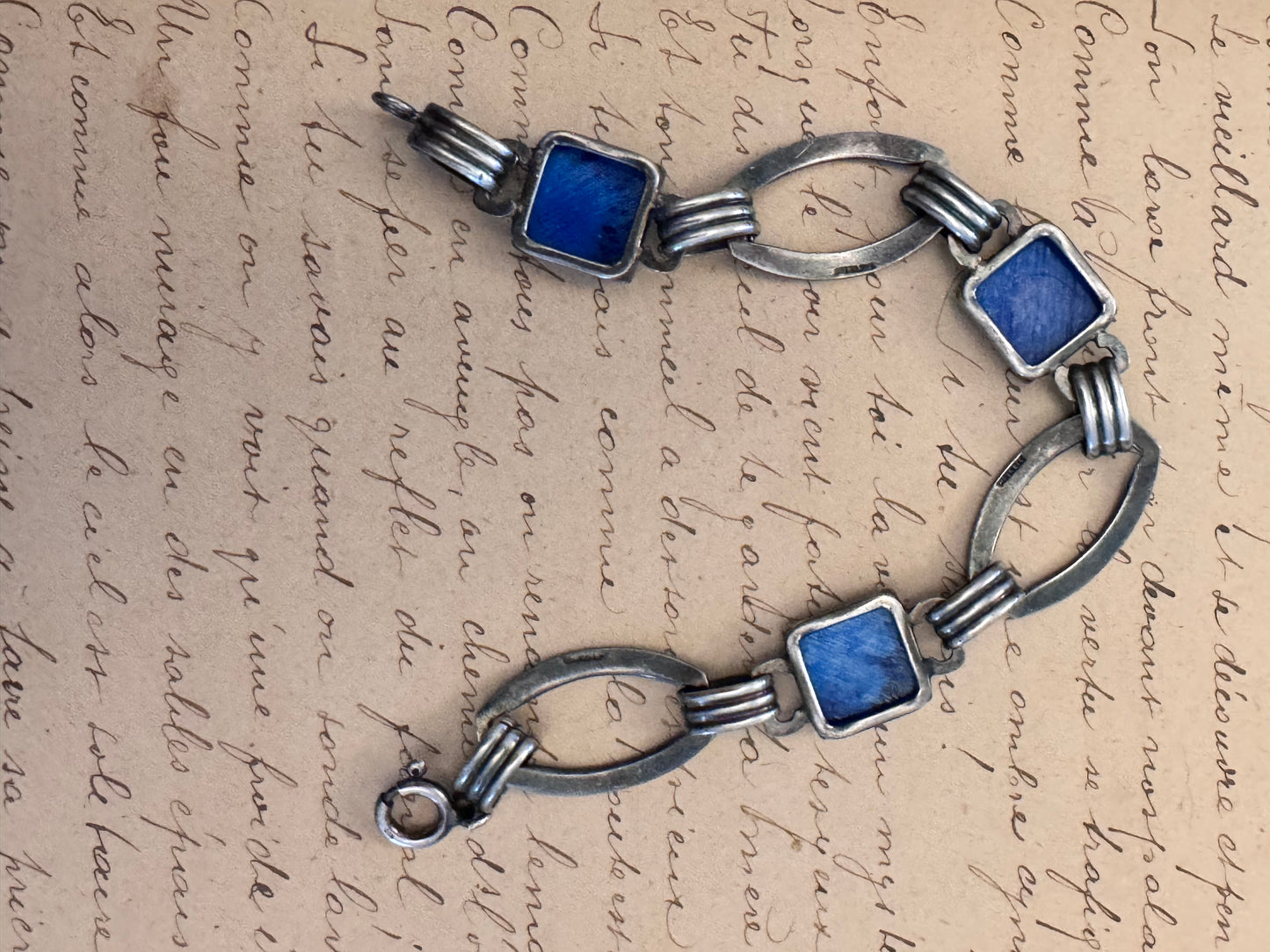 Sterling Deco Opaque Square Blue Glass and Enamel Bracelet