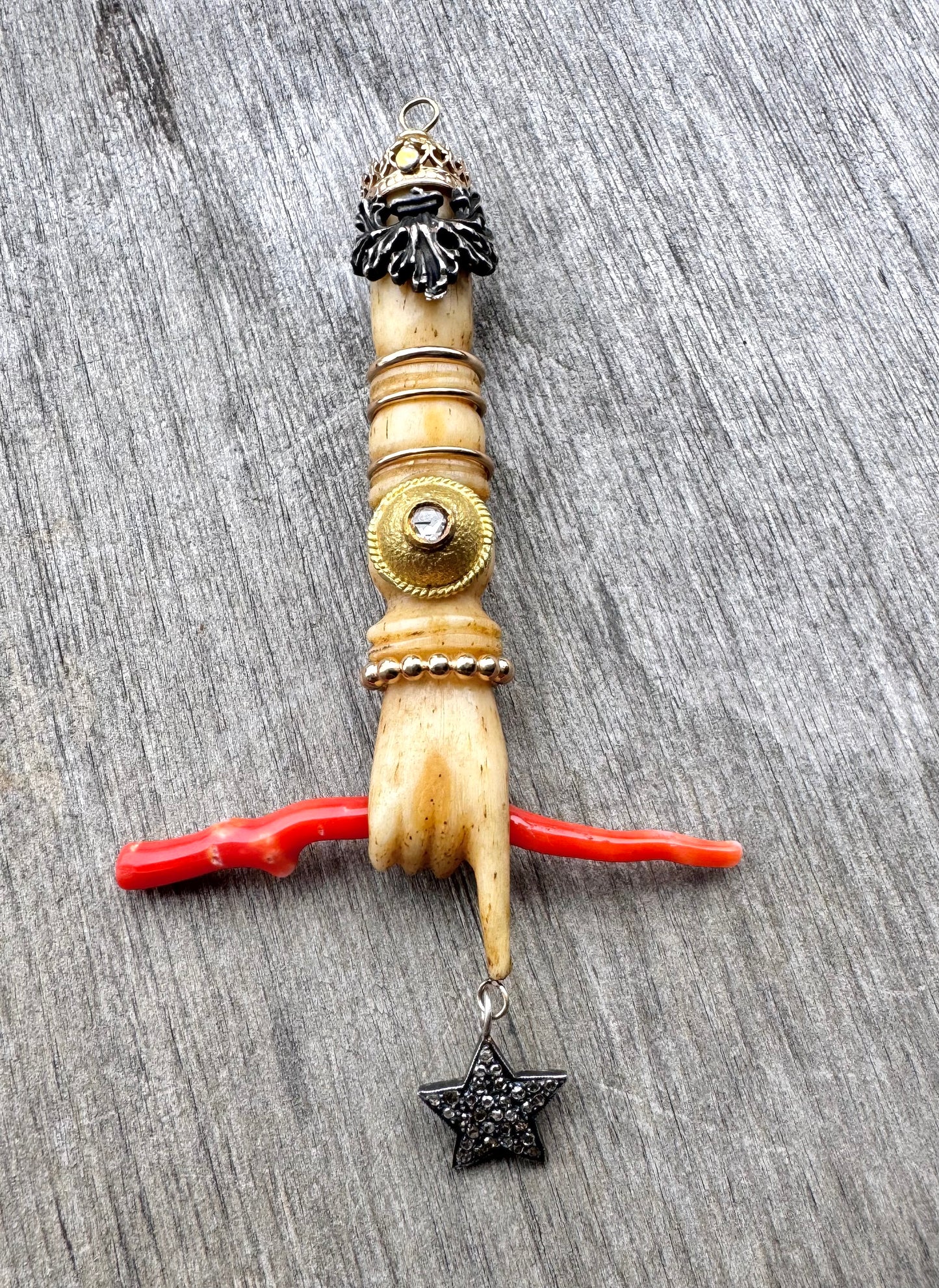 Antique Bone Hand with Diamond Star and Embellishments