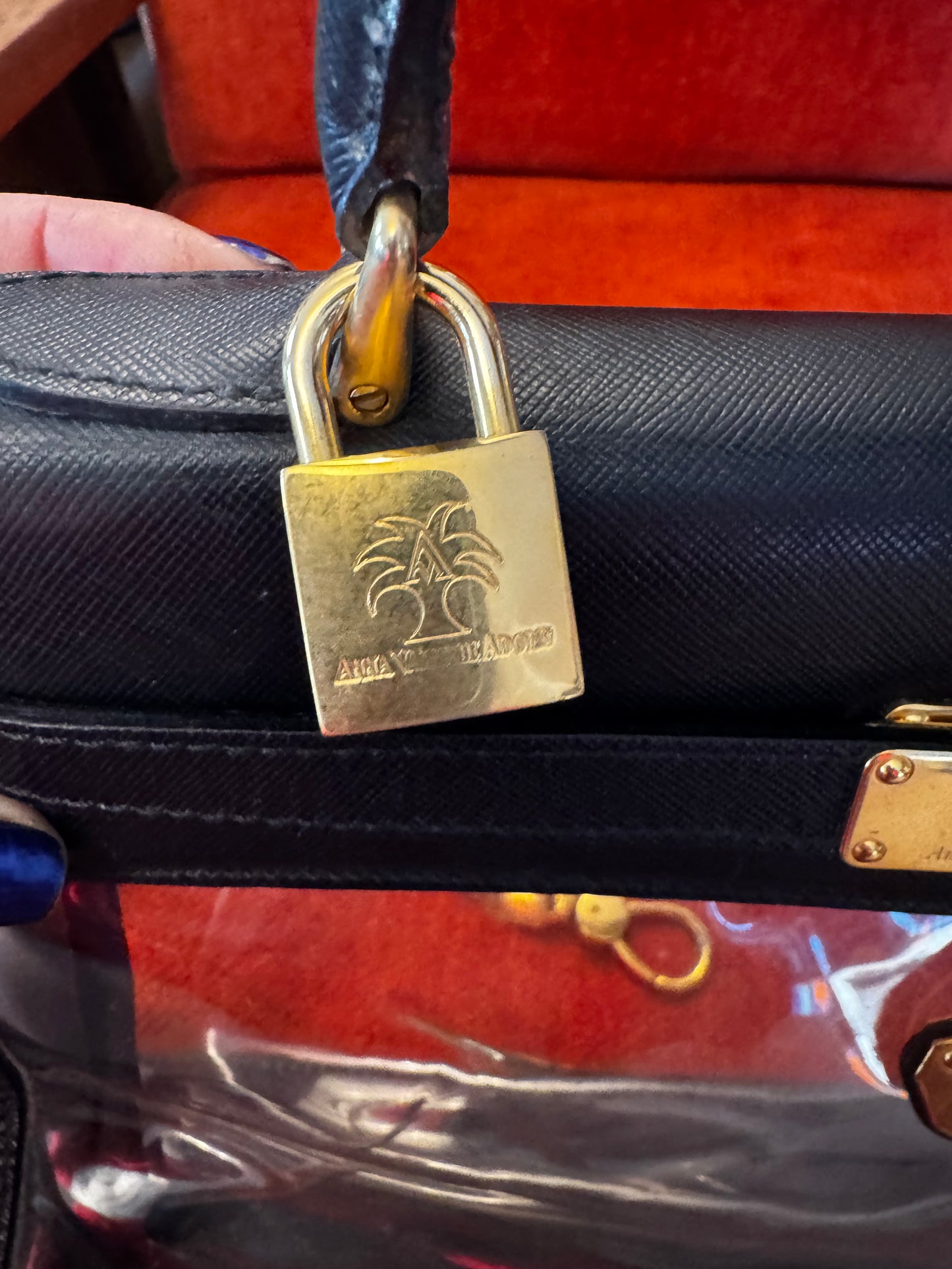 Black leather and clear PVC Kelly style bag