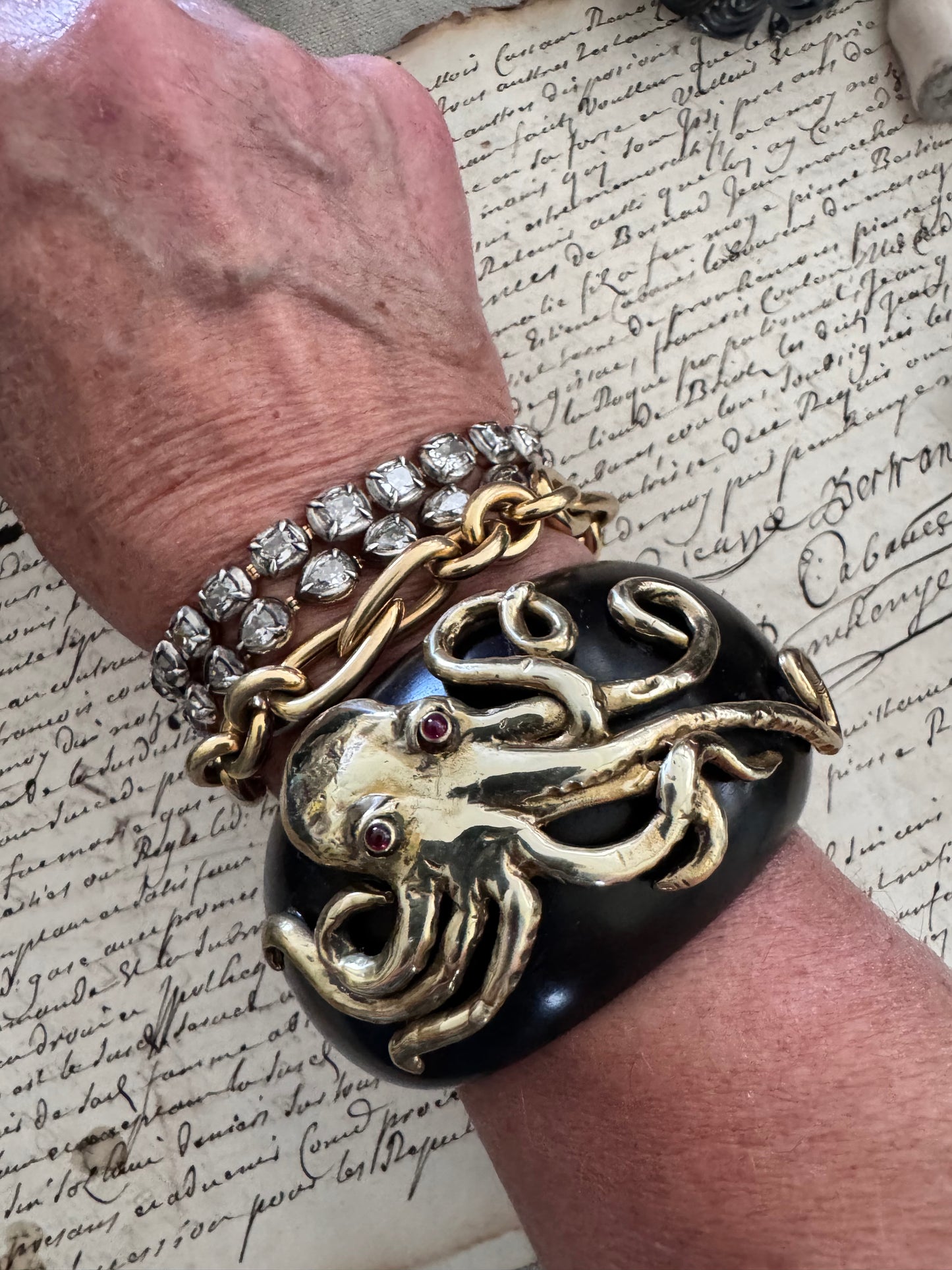 JKC Ebony and Bronze Octopus Cuff with Ruby Eyes