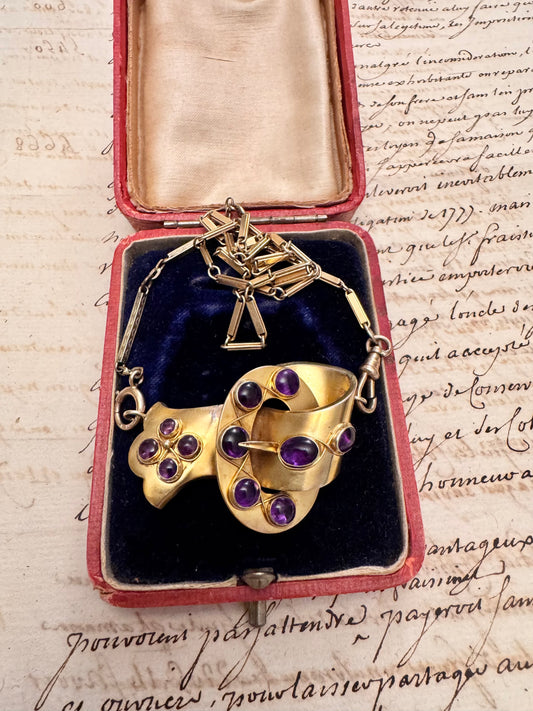 Gorgeous Victorian rolled gold buckle with amethyst cabochons
