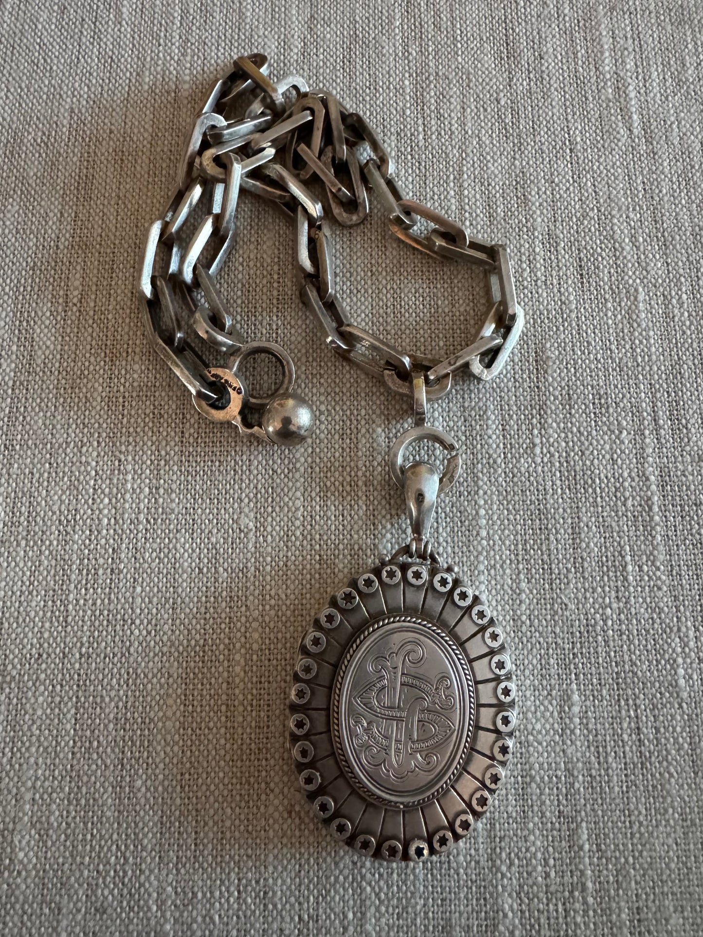 Magnificent Large Victorian Sterling Locket with Stars and LS Initials