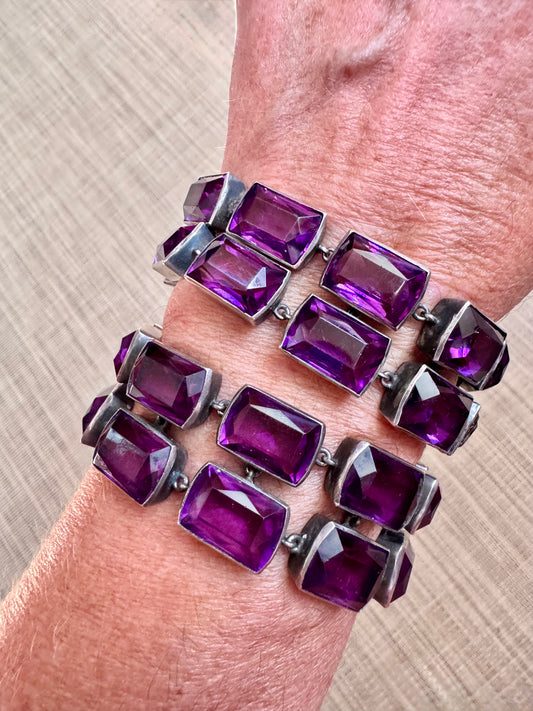 Two Deco Amethyst Glass and Sterling Bracelets