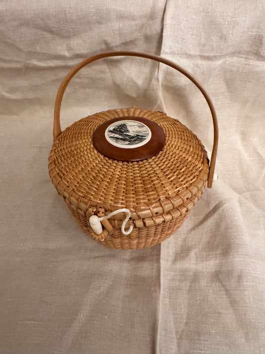Medium Round Basket with Scrimshaw Whaling Scene