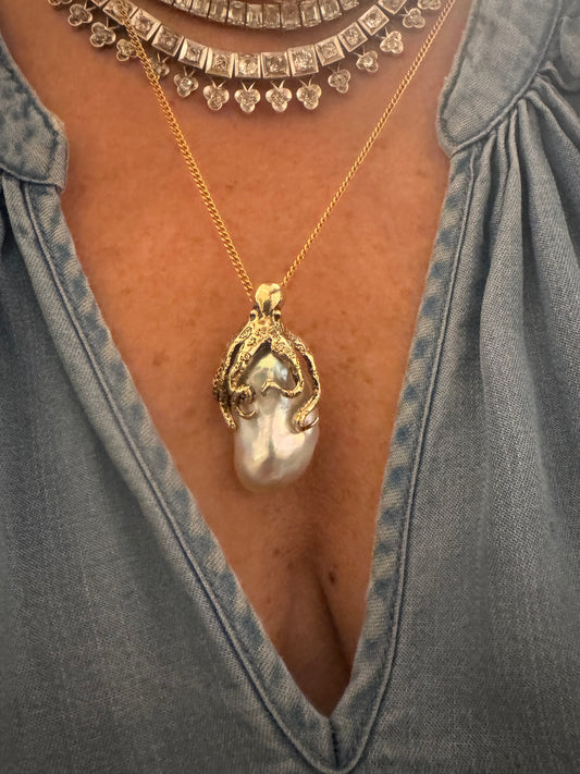Gold Octopus and Giant Pearl Pendant