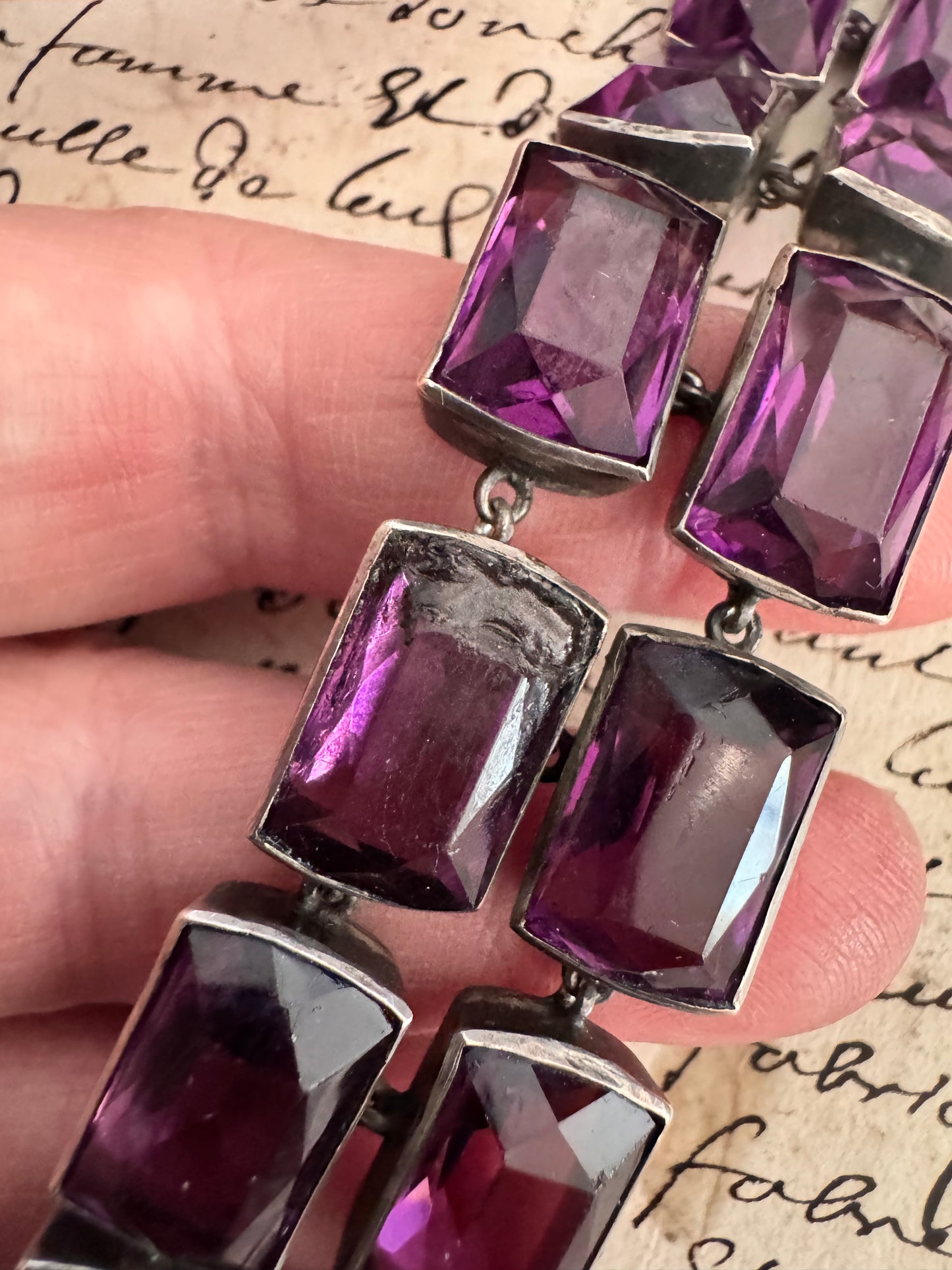 Two Deco Amethyst Glass and Sterling Bracelets