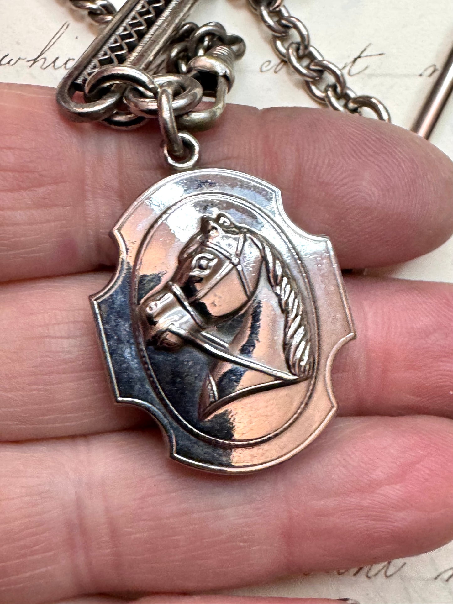 Long Chrome Watch Chain with Double Sided Horse Fob